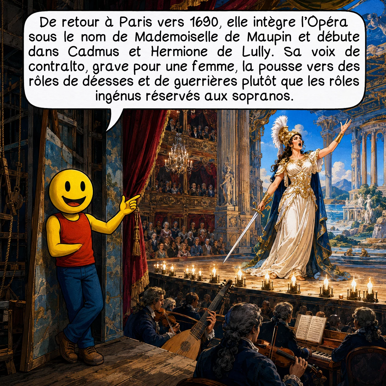 Julie d’Aubigny, case 6 : De retour à Paris vers 1690, elle intègre l’Opéra sous le nom de Mademoiselle de Maupin et débute dans Cadmus et Hermione de Lully. Sa voix de contralto — grave pour une femme — la pousse vers des rôles de déesses et de guerrières plutôt que les rôles ingénus réservés aux sopranos.