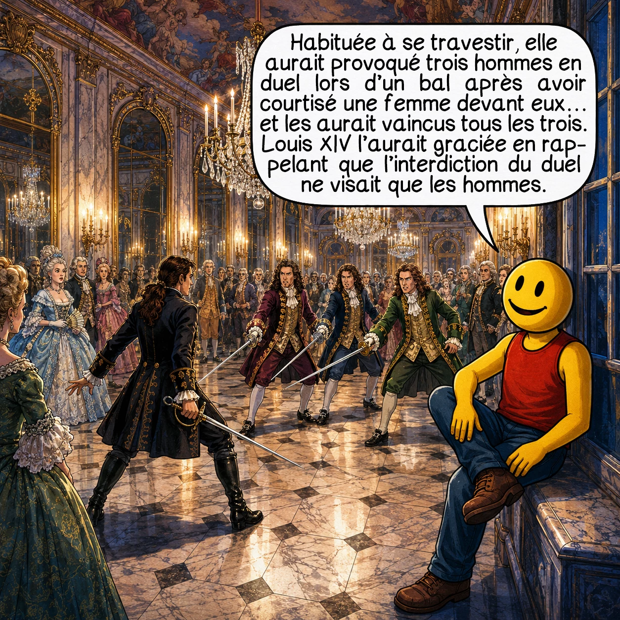 Julie d’Aubigny, case 7 : Habituée à se travestir, elle aurait provoqué trois hommes en duel lors d’un bal après avoir courtisé une femme devant eux — et les aurait vaincus tous les trois. Convoquée devant Louis XIV, celui-ci l’aurait graciée en rappelant que l’interdiction du duel ne visait que les hommes.