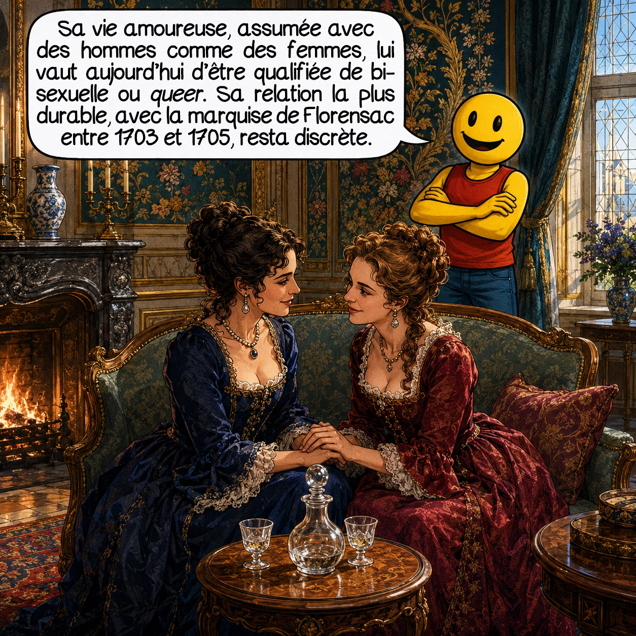 Julie d’Aubigny, case 8 : Sa vie amoureuse mêle hommes et femmes sans qu’elle s’en cache, ce qui en fait aujourd’hui une figure souvent qualifiée de bisexuelle ou queer. Sa relation la plus durable et la plus discrète fut avec la marquise de Florensac, entre 1703 et 1705 — étonnamment absente des ragots de l’époque.