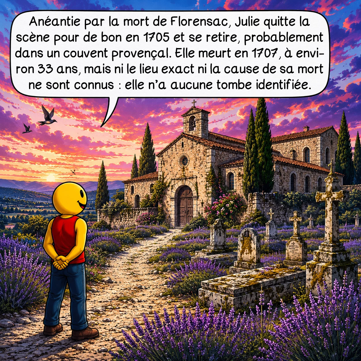 Julie d’Aubigny, case 9 : Anéantie par la mort de Florensac, Julie quitte la scène pour de bon en 1705 et se retire, probablement dans un couvent provençal. Elle meurt en 1707, à environ 33 ans — mais ni le lieu exact ni la cause de sa mort ne sont connus : elle n’a aucune tombe identifiée.