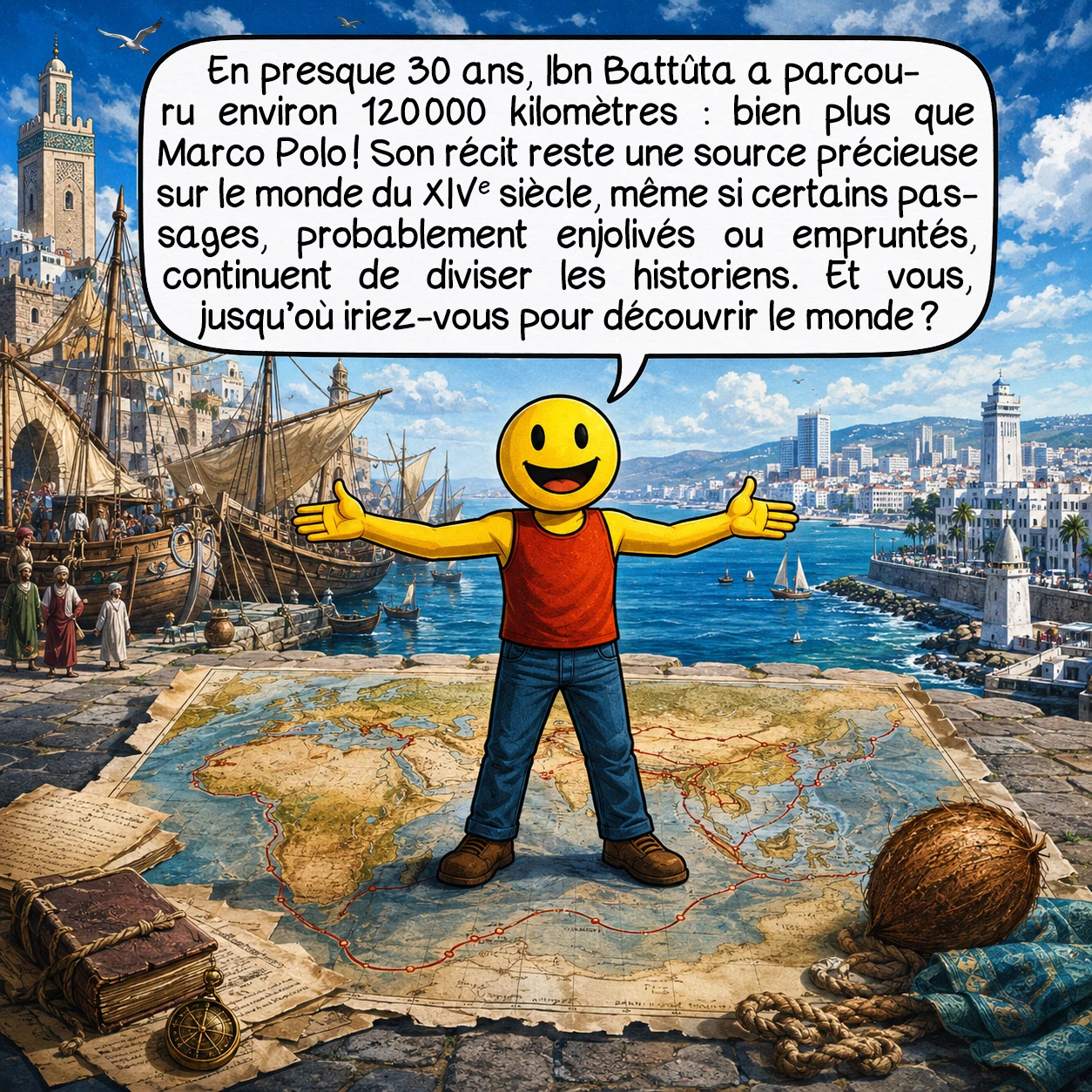 Ibn Battûta, case 10 : En presque 30 ans, Ibn Battûta a parcouru environ 120 000 kilomètres — bien plus que Marco Polo ! Son récit reste une source précieuse sur le monde du XIVe siècle, même si certains passages, probablement enjolivés ou empruntés, continuent de diviser les historiens. Et vous, jusqu’où iriez-vous pour découvrir le monde ?