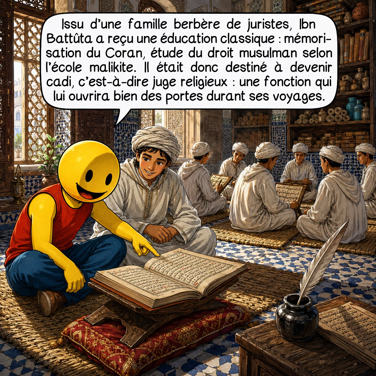 Ibn Battûta, case 2 : Issu d’une famille berbère de juristes, Ibn Battûta a reçu une éducation classique : mémorisation du Coran, étude du droit musulman selon l’école malikite. Il était donc destiné à devenir cadi, c’est-à-dire juge religieux — une fonction qui lui ouvrira bien des portes durant ses voyages.
