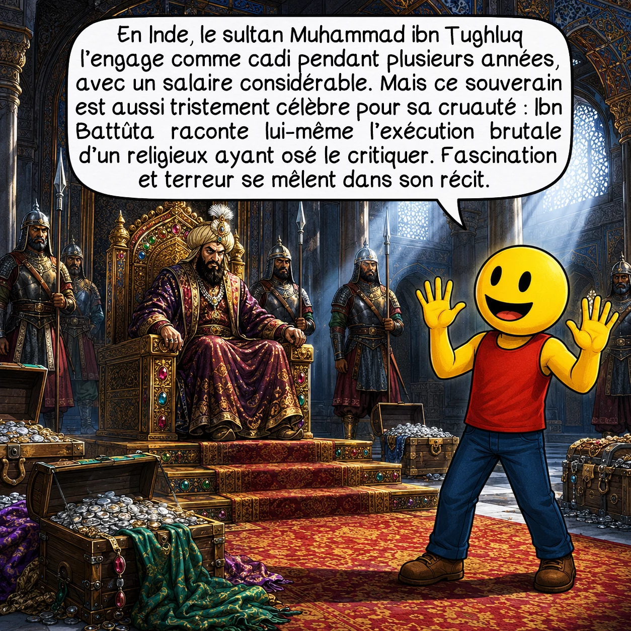 Ibn Battûta, case 4 : En Inde, le sultan Muhammad ibn Tughluq l’engage comme cadi pendant plusieurs années, avec un salaire considérable. Mais ce souverain est aussi tristement célèbre pour sa cruauté : Ibn Battûta raconte lui-même l’exécution brutale d’un religieux ayant osé le critiquer. Fascination et terreur se mêlent dans son récit.