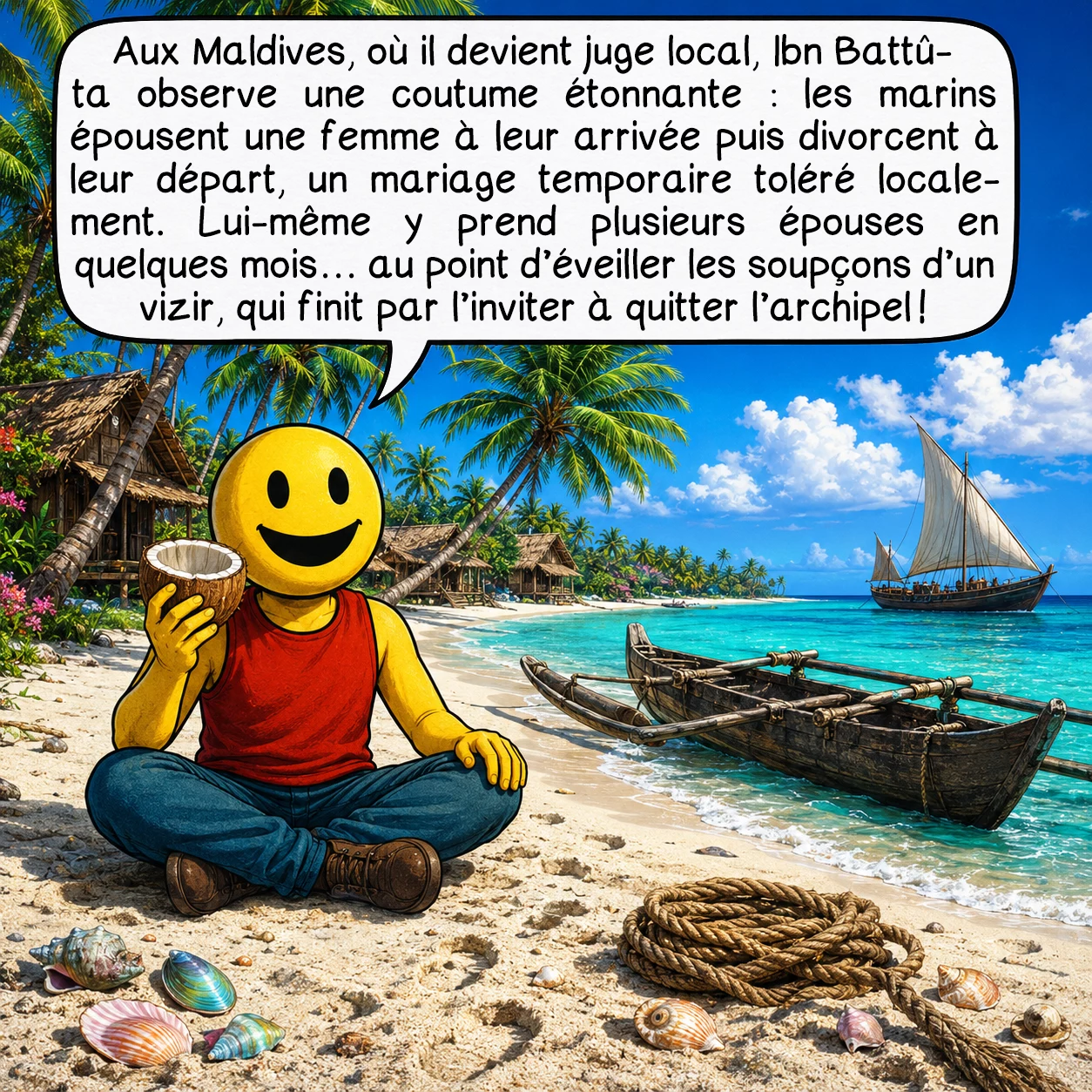 Ibn Battûta, case 5 : Aux Maldives, où il devient juge local, Ibn Battûta observe une coutume étonnante : les marins épousent une femme à leur arrivée puis divorcent à leur départ, un mariage temporaire toléré localement. Lui-même y prend plusieurs épouses en quelques mois — au point d’éveiller les soupçons d’un vizir, qui finit par l’inviter à quitter l’archipel !