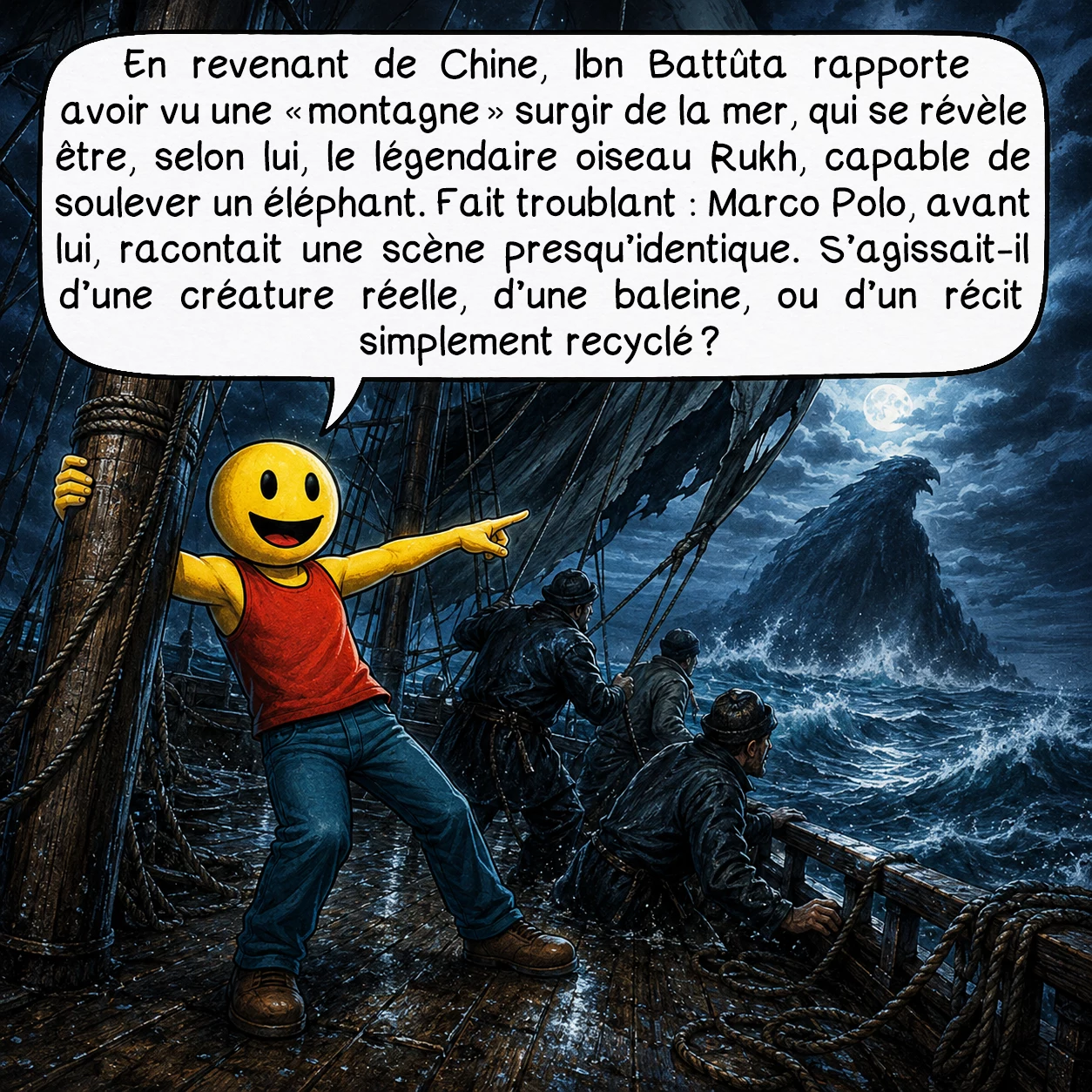 Ibn Battûta, case 6 : En revenant de Chine, Ibn Battûta rapporte avoir vu une « montagne » surgir de la mer, qui se révèle être — selon lui — le légendaire oiseau Rukh, capable de soulever un éléphant. Fait troublant : Marco Polo, avant lui, racontait une scène presque identique. S’agissait-il d’une créature réelle, d’une baleine, ou d’un récit simplement recyclé ?