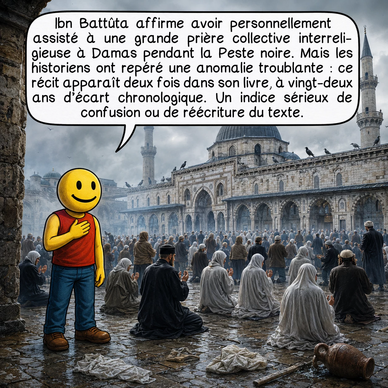 Ibn Battûta, case 7 : Ibn Battûta affirme avoir personnellement assisté à une grande prière collective interreligieuse à Damas pendant la Peste noire. Mais les historiens ont repéré une anomalie troublante : ce récit apparaît deux fois dans son livre, à vingt-deux ans d’écart chronologique. Un indice sérieux de confusion ou de réécriture du texte.