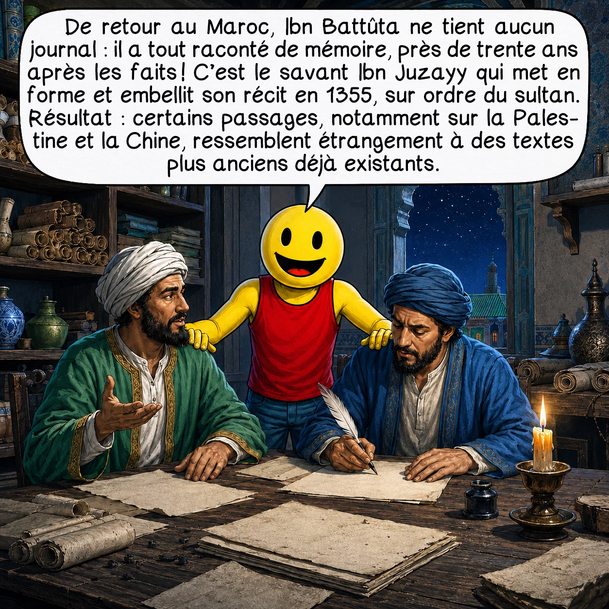 Ibn Battûta, case 8 : De retour au Maroc, Ibn Battûta ne tient aucun journal : il a tout raconté de mémoire, près de trente ans après les faits ! C’est le savant Ibn Juzayy qui met en forme et embellit son récit en 1355, sur ordre du sultan. Résultat : certains passages, notamment sur la Palestine et la Chine, ressemblent étrangement à des textes plus anciens déjà existants.