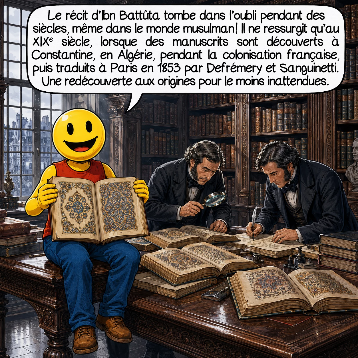 Ibn Battûta, case 9 : Le récit d’Ibn Battûta tombe dans l’oubli pendant des siècles, même dans le monde musulman ! Il ne ressurgit qu’au XIXe siècle, lorsque des manuscrits sont découverts à Constantine, en Algérie, pendant la colonisation française — puis traduits à Paris en 1853 par Defrémery et Sanguinetti. Une redécouverte aux origines pour le moins inattendues.