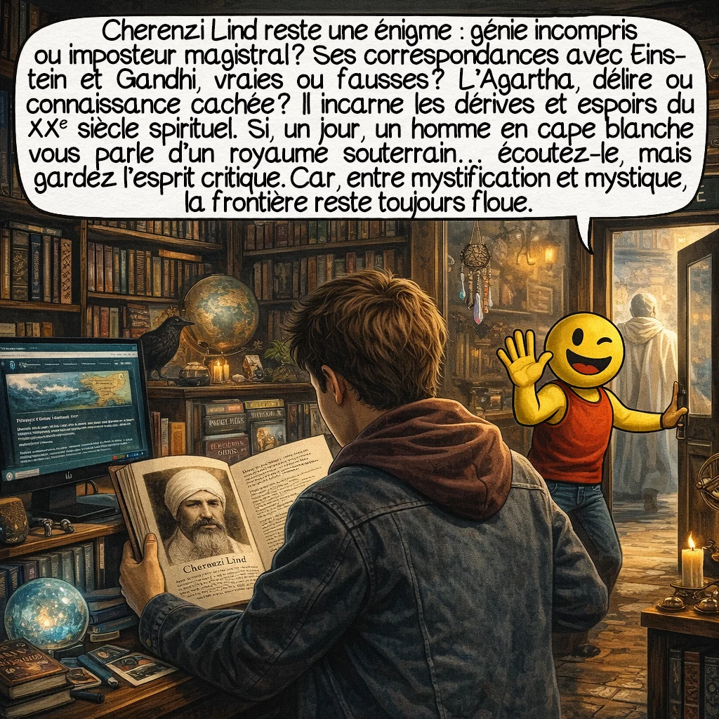 Cherenzi Lind, case 10 : Cherenzi Lind reste une énigme : génie incompris ou imposteur magistral ? Ses correspondances avec Einstein et Gandhi, vraies ou fausses ? L’Agartha, délire ou connaissance cachée ? Il incarne les dérives et espoirs du XXe siècle spirituel. Si, un jour, un homme en cape blanche vous parle d’un royaume souterrain… écoutez-le, mais gardez l’esprit critique. Car, entre mystification et mystique, la frontière reste toujours floue.
