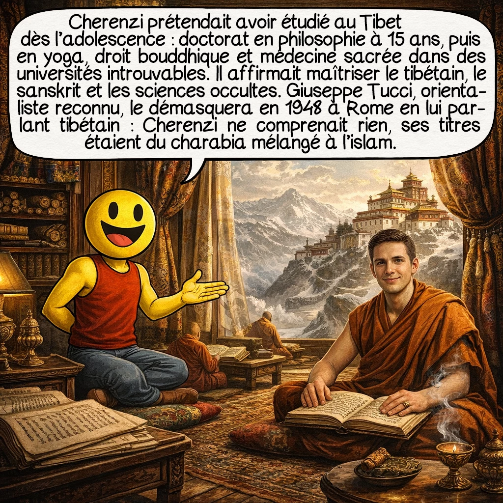 Cherenzi Lind, case 2 : Cherenzi prétendait avoir étudié au Tibet dès l’adolescence : doctorat en philosophie à 15 ans, puis en yoga, droit bouddhique et médecine sacrée dans des universités introuvables. Il affirmait maîtriser le tibétain, le sanskrit et les sciences occultes. Giuseppe Tucci, orientaliste reconnu, le démasquera en 1948 à Rome en lui parlant tibétain — Cherenzi ne comprenait rien, ses titres étaient du charabia mélangé à l’islam.
