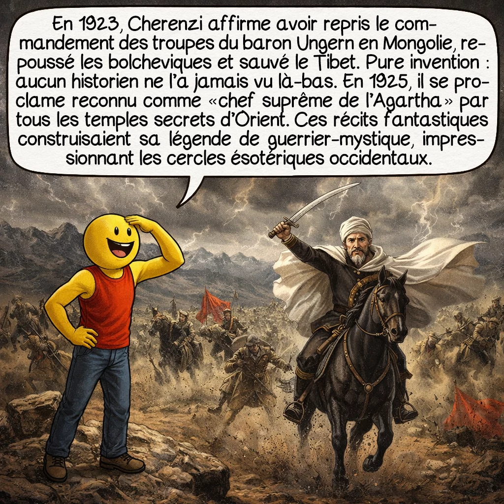 Cherenzi Lind, case 3 : En 1923, Cherenzi affirme avoir repris le commandement des troupes du baron Ungern en Mongolie, repoussé les bolcheviques et sauvé le Tibet. Pure invention — aucun historien ne l’a jamais vu là-bas. En 1925, il se proclame reconnu comme « chef suprême de l’Agartha » par tous les temples secrets d’Orient. Ces récits fantastiques construisaient sa légende de guerrier-mystique, impressionnant les cercles ésotériques occidentaux.