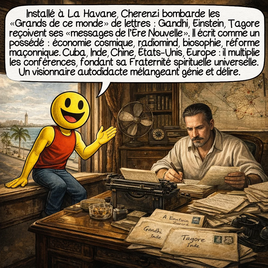 Cherenzi Lind, case 4 : Installé à La Havane, Cherenzi bombarde les « Grands de ce monde » de lettres : Gandhi, Einstein, Tagore reçoivent ses « messages de l’Ère Nouvelle ». Il écrit comme un possédé : économie cosmique, radiomind, biosophie, réforme maçonnique. Cuba, Inde, Chine, États-Unis, Europe — il multiplie les conférences, fondant sa Fraternité spirituelle universelle. Un visionnaire autodidacte mélangeant génie et délire.
