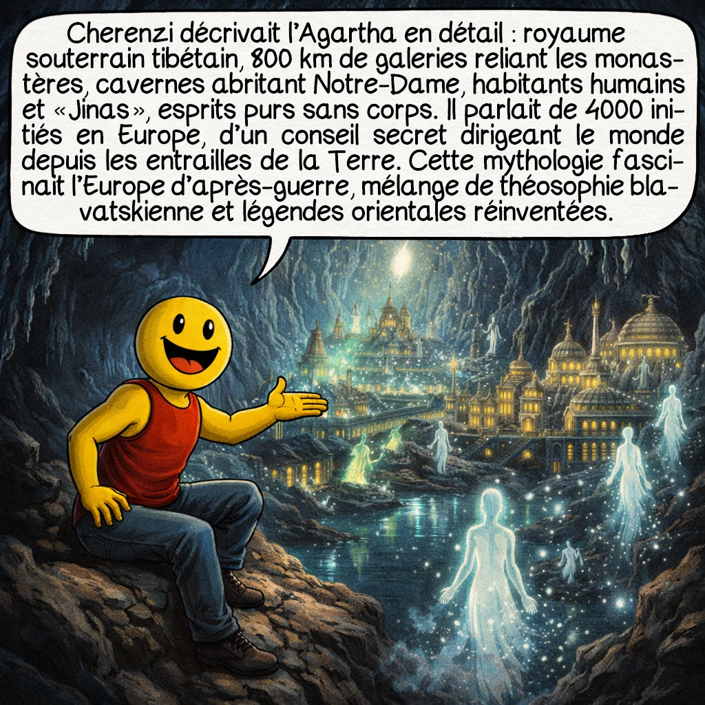 Cherenzi Lind, case 5 : Cherenzi décrivait l’Agartha en détail : royaume souterrain tibétain, 800 km de galeries reliant les monastères, cavernes abritant Notre-Dame, habitants humains et « Jinas » — esprits purs sans corps. Il parlait de 4000 initiés en Europe, d’un conseil secret dirigeant le monde depuis les entrailles de la Terre. Cette mythologie fascinait l’Europe d’après-guerre, mélange de théosophie blavatskienne et légendes orientales réinventées.
