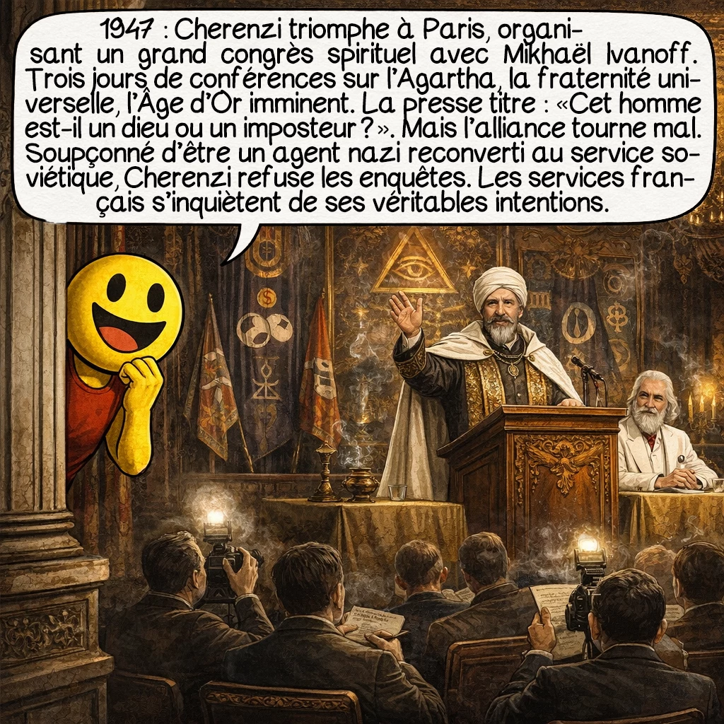Cherenzi Lind, case 6 : 1947 : Cherenzi triomphe à Paris, organisant un grand congrès spirituel avec Mikhaël Ivanoff. Trois jours de conférences sur l’Agartha, la fraternité universelle, l’Âge d’Or imminent. La presse titre : « Cet homme est-il un dieu ou un imposteur ? » Mais l’alliance tourne mal. Soupçonné d’être un agent nazi reconverti au service soviétique, Cherenzi refuse les enquêtes. Les services français s’inquiètent de ses véritables intentions.