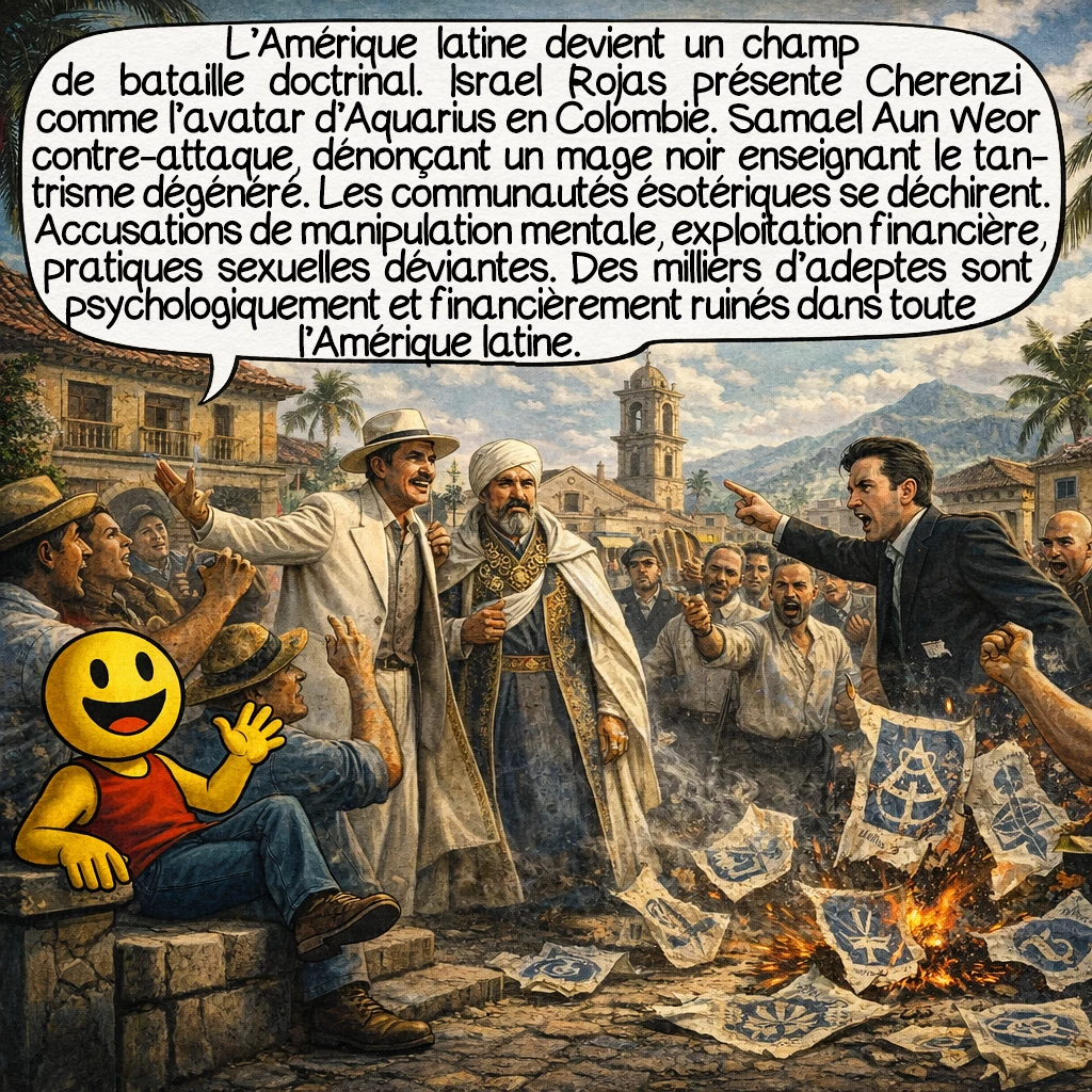 Cherenzi Lind, case 8 : L’Amérique latine devient un champ de bataille doctrinal. Israel Rojas présente Cherenzi comme l’Avatar d’Aquarius en Colombie. Samael Aun Weor contre-attaque violemment, dénonçant un mage noir enseignant le tantrisme dégénéré. Les communautés ésotériques se déchirent. Accusations de manipulation mentale, exploitation financière, pratiques sexuelles déviantes. Des milliers d’adeptes sont psychologiquement et financièrement ruinés dans toute l’Amérique latine.