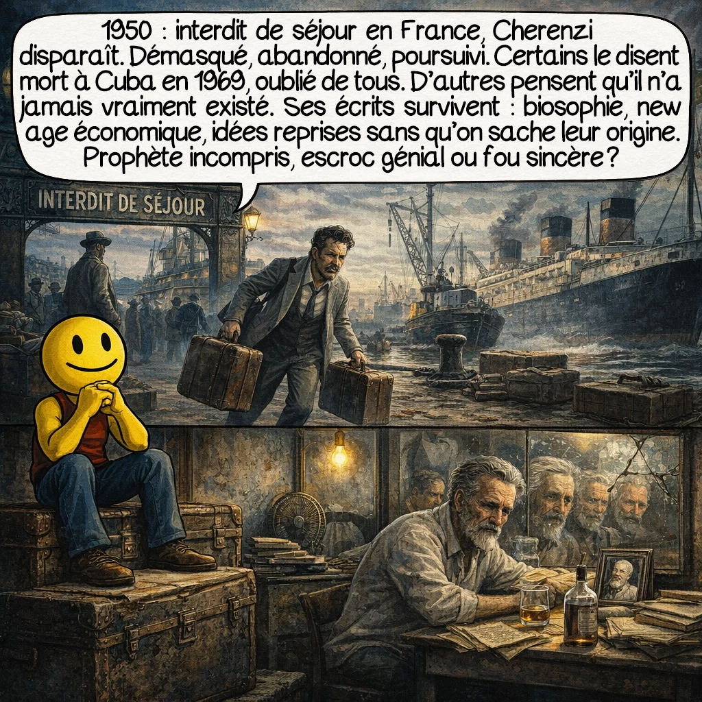 Cherenzi Lind, case 9 : 1950 : interdit de séjour en France, Cherenzi disparaît. Démasqué, abandonné, poursuivi. Certains le disent mort à Cuba en 1969, oublié de tous. D’autres pensent qu’il n’a jamais vraiment existé — simple création collective d’une époque en quête de mystères. Ses écrits survivent : biosophie, new age économique, idées reprises sans qu’on sache leur origine. Prophète incompris, escroc génial ou fou sincère ?