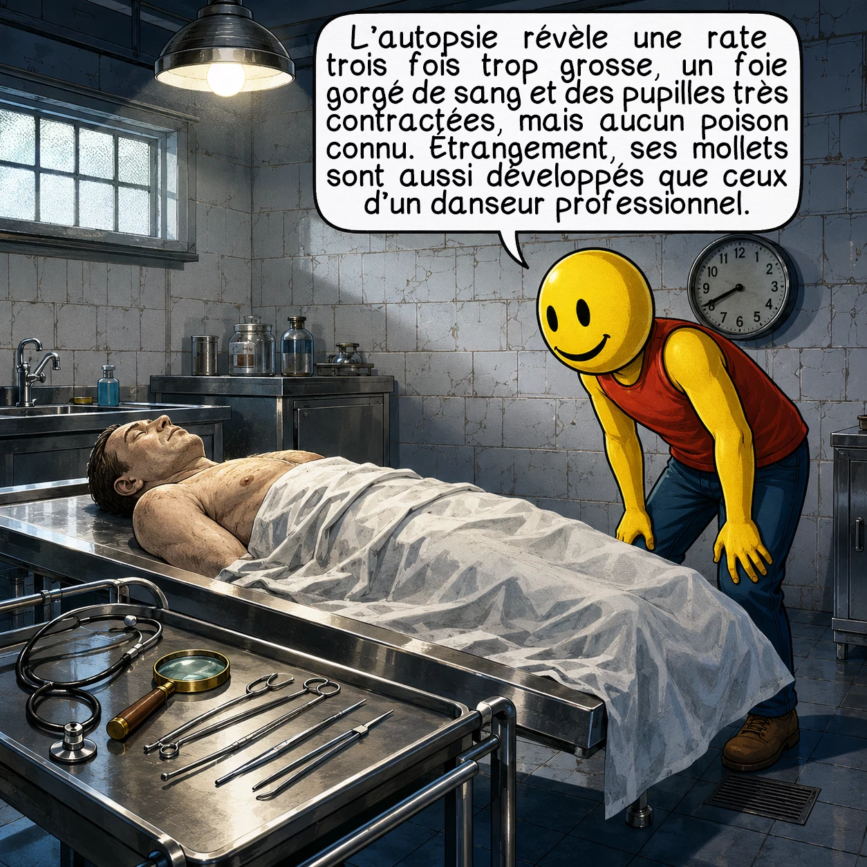 L’affaire Taman Shud, case 2 : L’autopsie révèle des indices troublants : une rate trois fois plus grosse que la normale, un foie congestionné de sang, des pupilles anormalement petites. Pourtant, aucun poison classique n’est détecté dans son organisme. Fait surprenant : ses mollets sont exceptionnellement développés, comme ceux d’un danseur professionnel.