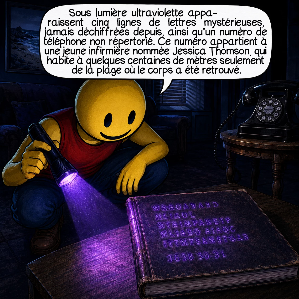 L’affaire Taman Shud, case 5 : Sous lumière ultraviolette apparaissent cinq lignes de lettres mystérieuses, jamais déchiffrées depuis, ainsi qu’un numéro de téléphone non répertorié. Ce numéro appartient à une jeune infirmière nommée Jessica Thomson, qui habite à quelques centaines de mètres seulement de la plage où le corps a été retrouvé.
