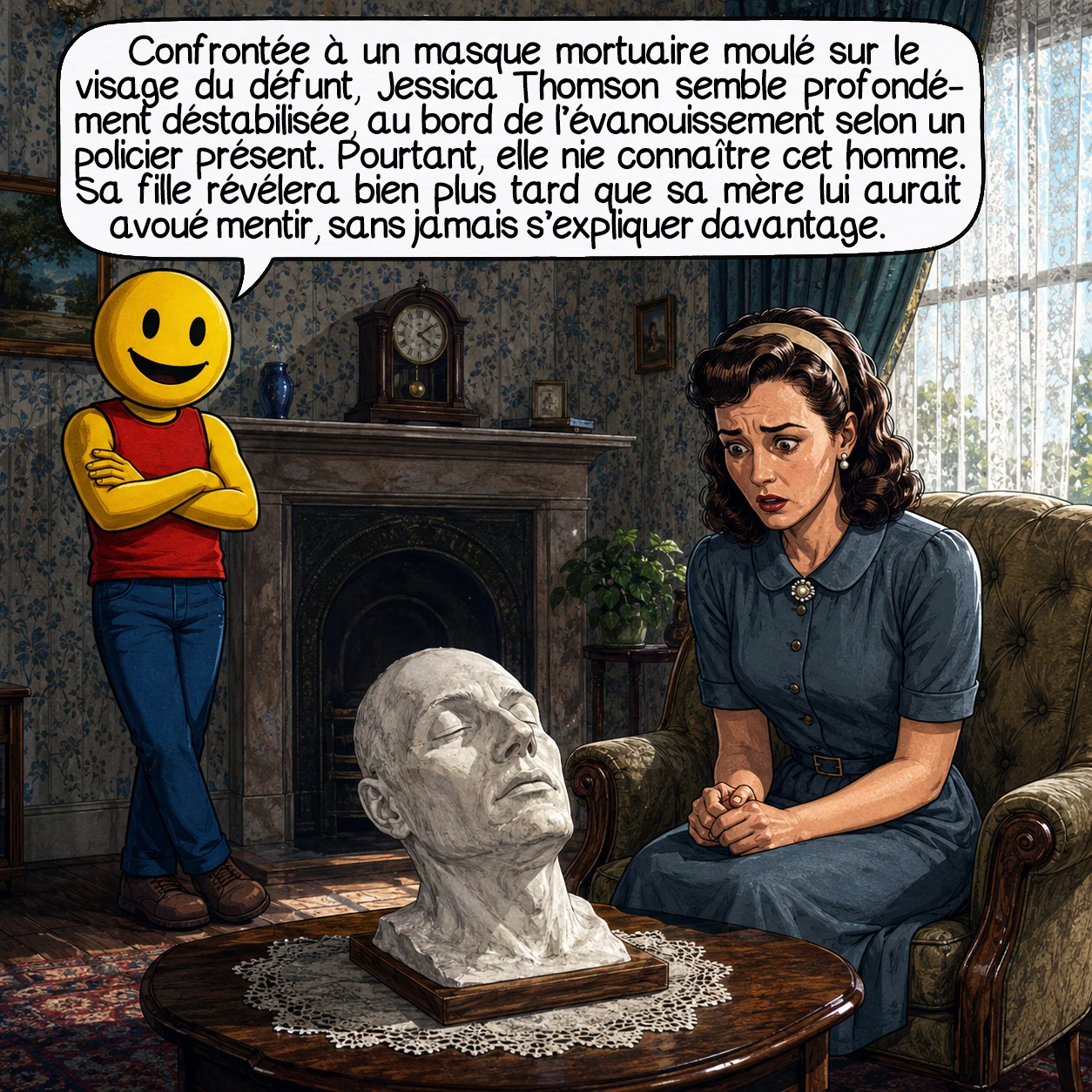L’affaire Taman Shud, case 6 : Confrontée à un masque mortuaire moulé sur le visage du défunt, Jessica Thomson semble profondément déstabilisée, au bord de l’évanouissement selon un policier présent. Pourtant, elle nie connaître cet homme. Sa fille révélera bien plus tard que sa mère lui aurait avoué mentir, sans jamais s’expliquer davantage.
