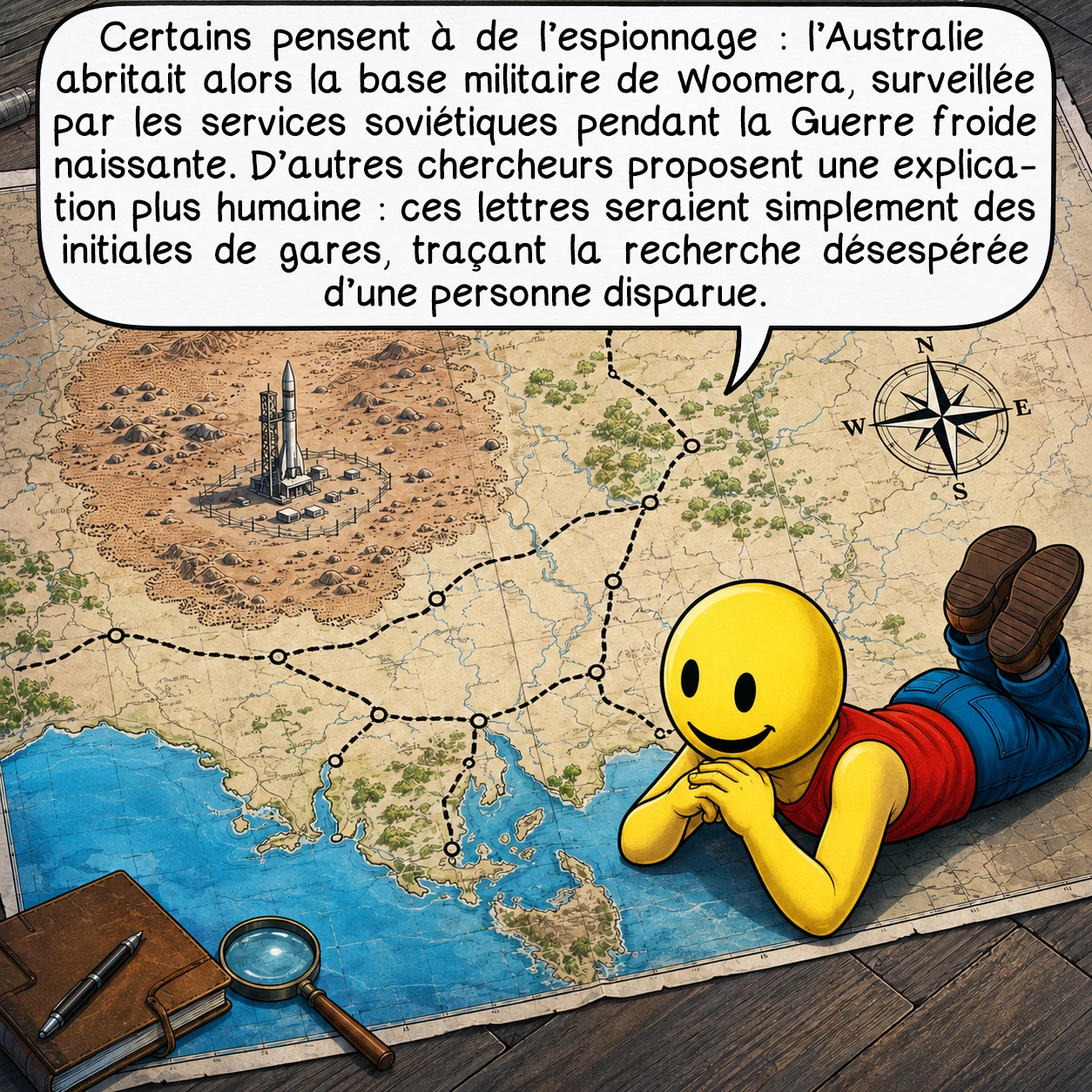 L’affaire Taman Shud, case 7 : Certains pensent à de l’espionnage : l’Australie abritait alors la base militaire de Woomera, surveillée par les services soviétiques pendant la Guerre froide naissante. D’autres chercheurs proposent une explication plus humaine : ces lettres seraient simplement des initiales de gares, traçant la recherche désespérée d’une personne disparue.