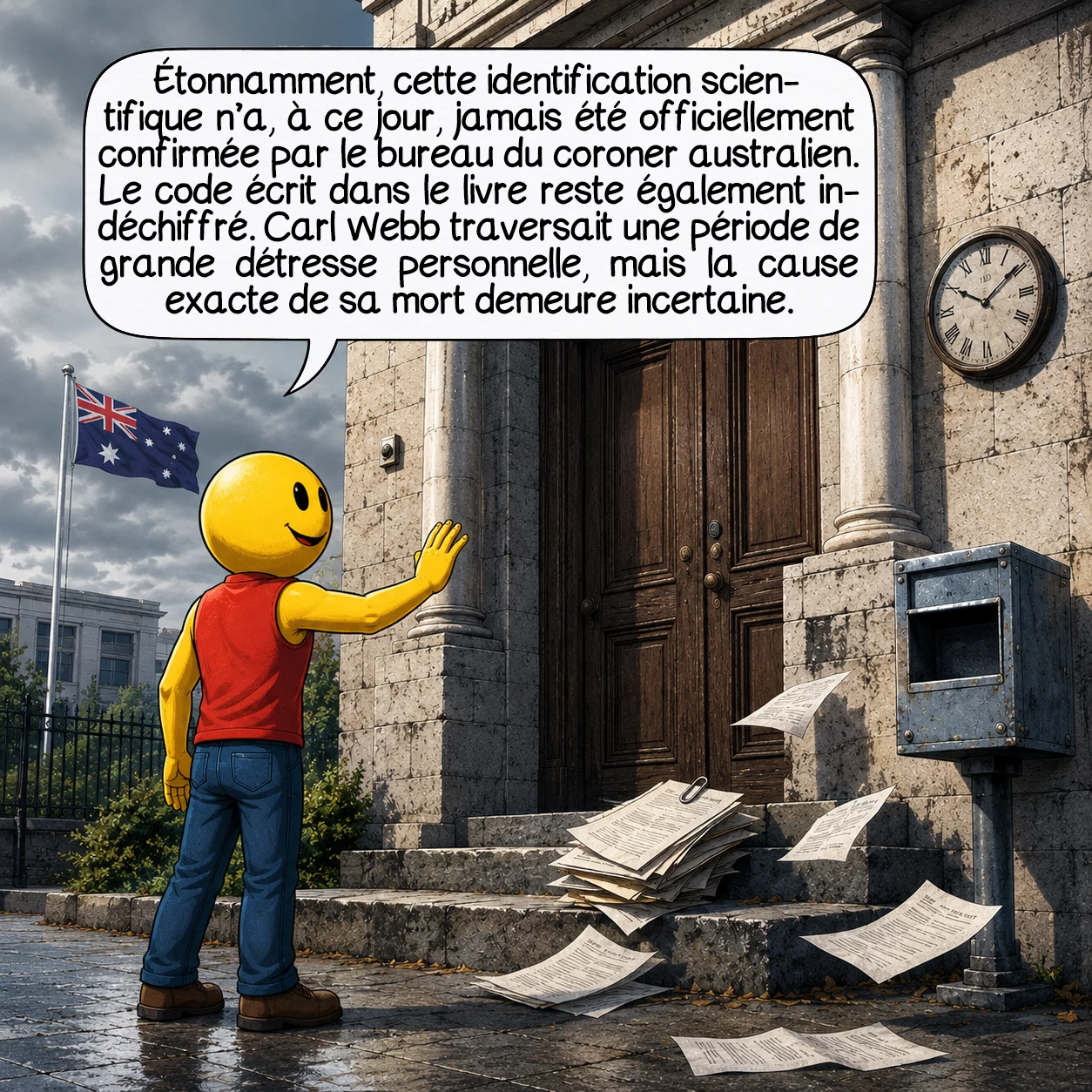 L’affaire Taman Shud, case 9 : Étonnamment, cette identification scientifique n’a, à ce jour, jamais été officiellement confirmée par le bureau du coroner australien. Le code écrit dans le livre reste également indéchiffré. Carl Webb traversait une période de grande détresse personnelle, mais la cause exacte de sa mort demeure incertaine.