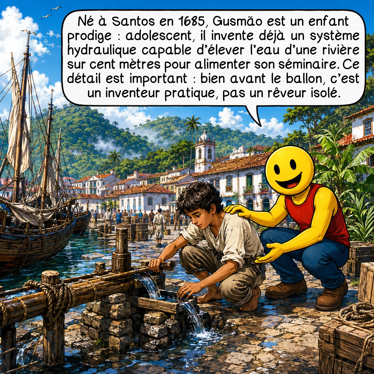 La passarola de Gusmão, case 2 : Né à Santos en 1685, Gusmão est un enfant prodige : adolescent, il invente déjà un système hydraulique capable d’élever l’eau d’une rivière sur cent mètres pour alimenter son séminaire. Ce détail est important : bien avant le ballon, c’est un inventeur pratique, pas un rêveur isolé.