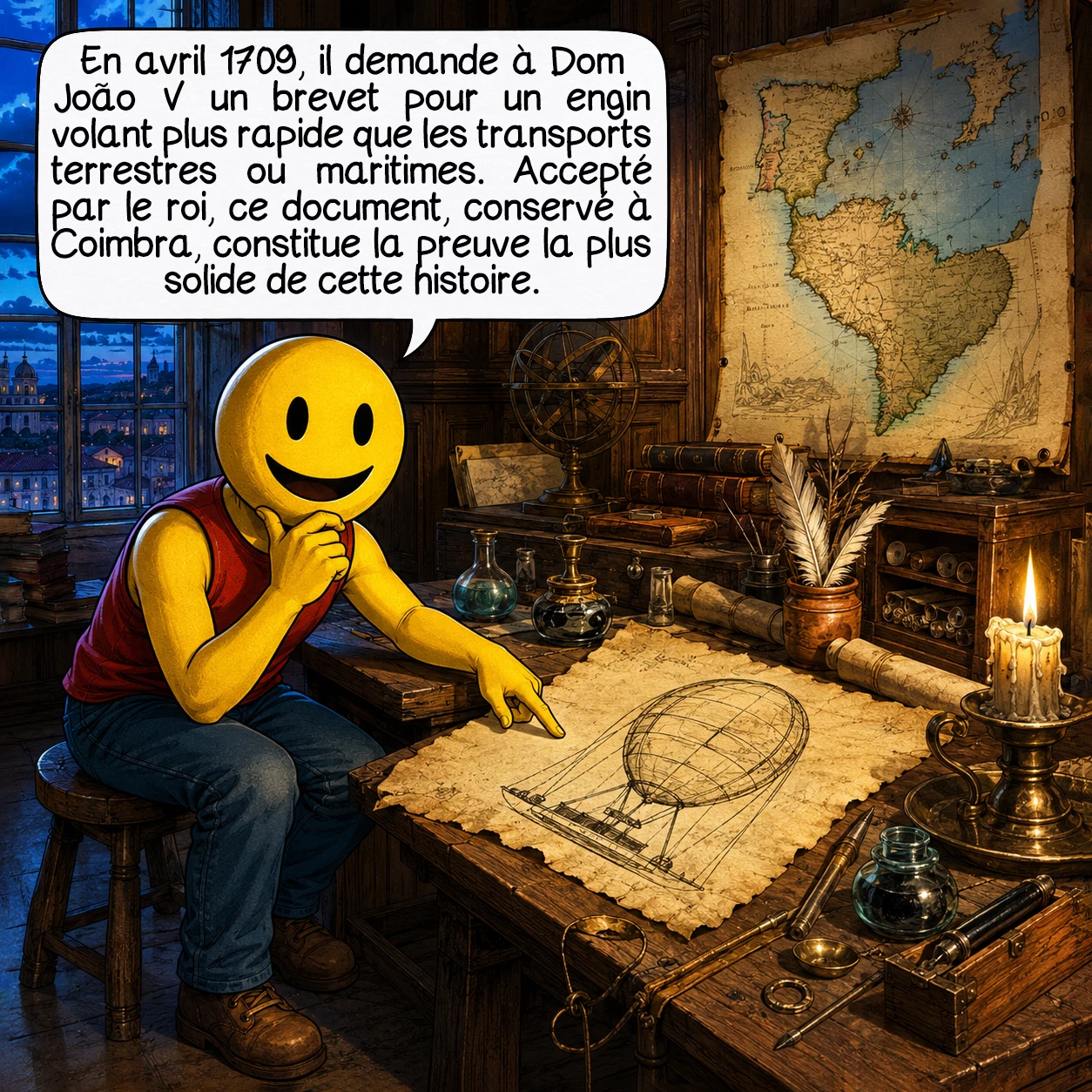 La passarola de Gusmão, case 3 : En avril 1709, il dépose une demande officielle au roi Dom João V pour un brevet : un instrument permettant de se déplacer dans les airs plus vite que sur terre ou sur mer. Le roi accepte immédiatement. Ce document existe encore aujourd’hui, conservé à l’université de Coimbra : c’est la pièce la plus solide de toute cette histoire.