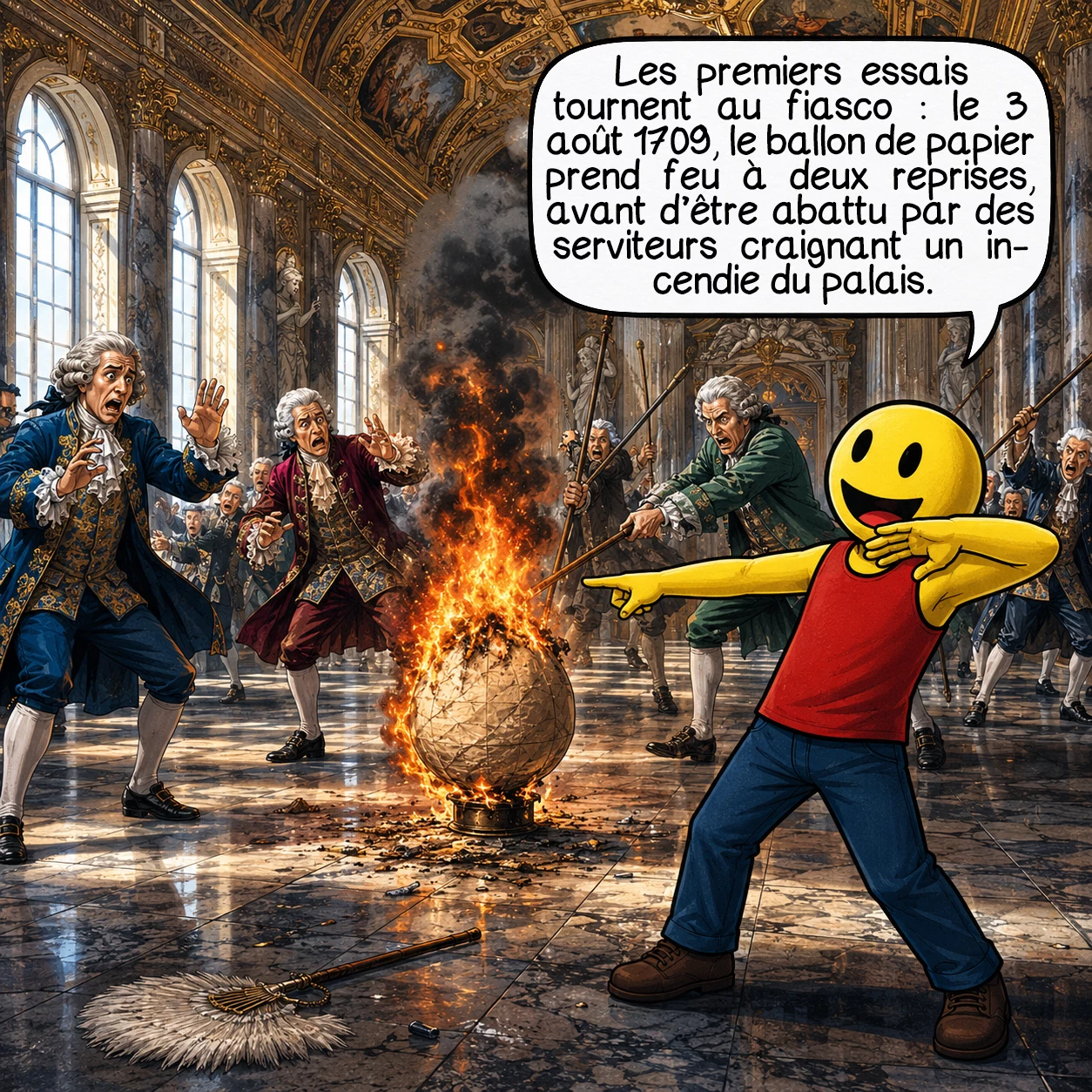 La passarola de Gusmão, case 4 : Les premiers essais sont chaotiques : le 3 août 1709, le ballon de papier prend feu avant de décoller. Deux jours plus tard, il s’élève à quatre mètres, mais s’enflamme à nouveau, et des serviteurs paniqués l’abattent à coups de bâton, terrifiés à l’idée d’un incendie du palais.