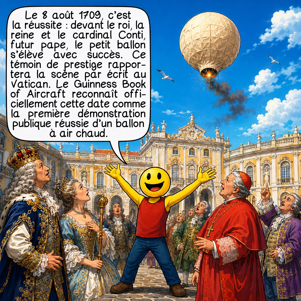 La passarola de Gusmão, case 5 : Le 8 août 1709, c’est la réussite : devant le roi, la reine et le cardinal Conti, futur pape, le petit ballon s’élève avec succès. Ce témoin de prestige rapportera la scène par écrit au Vatican. Le Guinness Book of Aircraft reconnaît officiellement cette date comme la première démonstration publique réussie d’un ballon à air chaud.