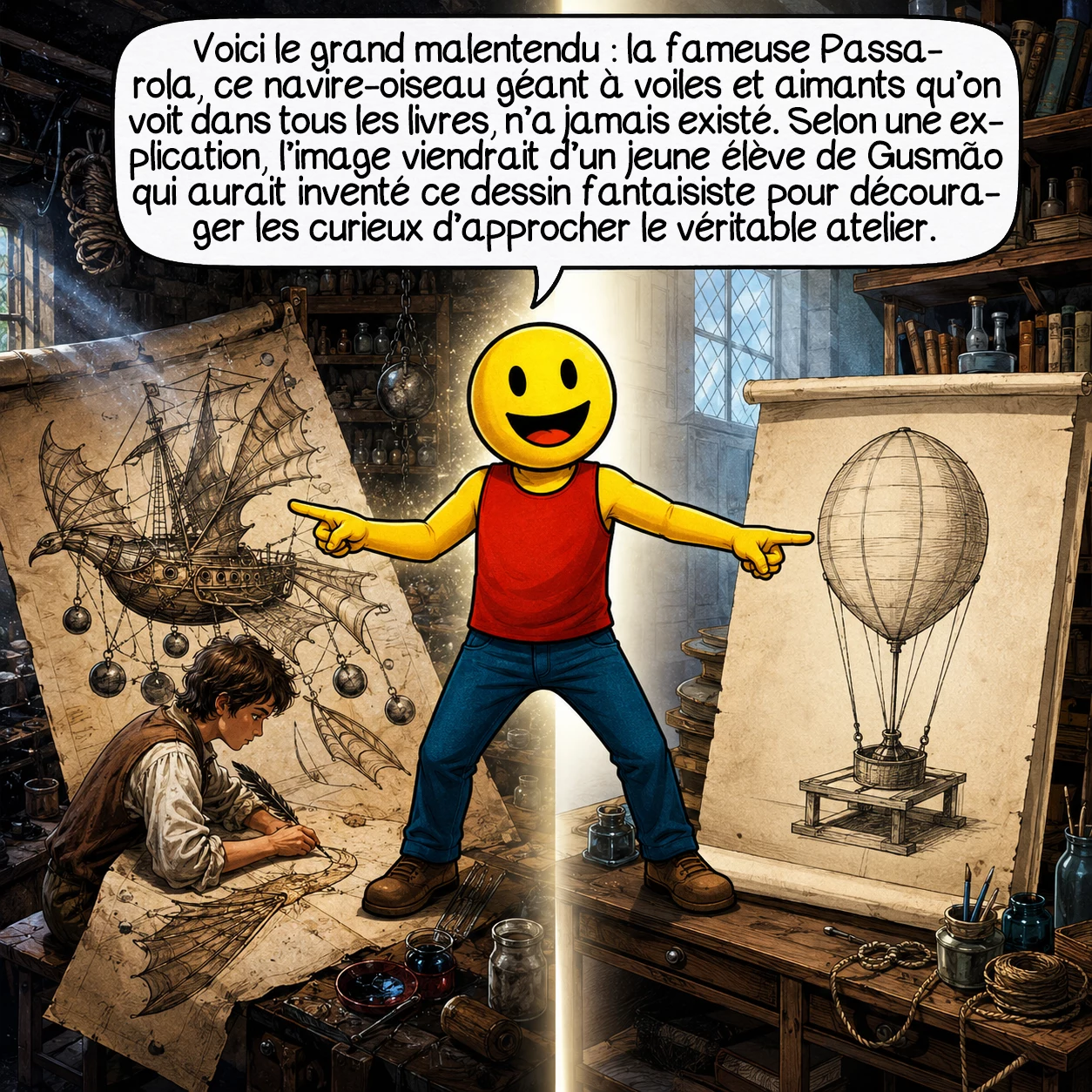 La passarola de Gusmão, case 6 : Voici le grand malentendu : la fameuse Passarola, ce navire-oiseau géant à voiles et aimants qu’on voit dans tous les livres, n’a jamais existé. Selon une explication, l’image viendrait d’un jeune élève de Gusmão qui aurait inventé ce dessin fantaisiste pour décourager les curieux d’approcher le véritable atelier.