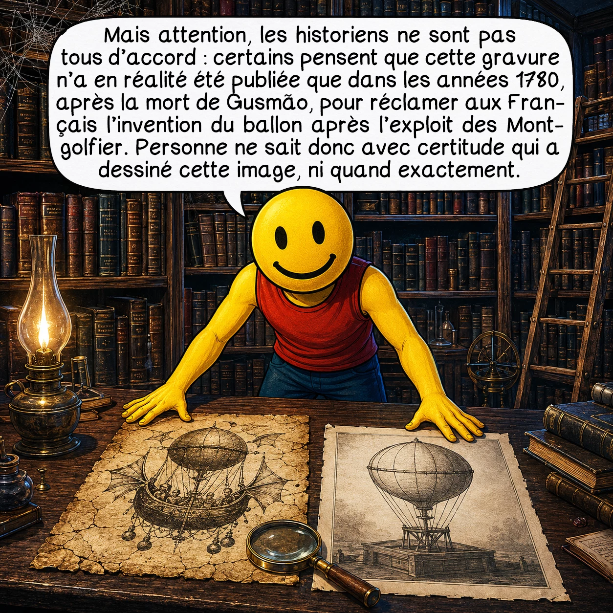 La passarola de Gusmão, case 7 : Mais attention, les historiens ne sont pas tous d’accord : certains pensent que cette gravure n’a en réalité été publiée que dans les années 1780, après la mort de Gusmão, pour réclamer aux Français l’invention du ballon après l’exploit des Montgolfier. Personne ne sait donc avec certitude qui a dessiné cette image, ni quand exactement.