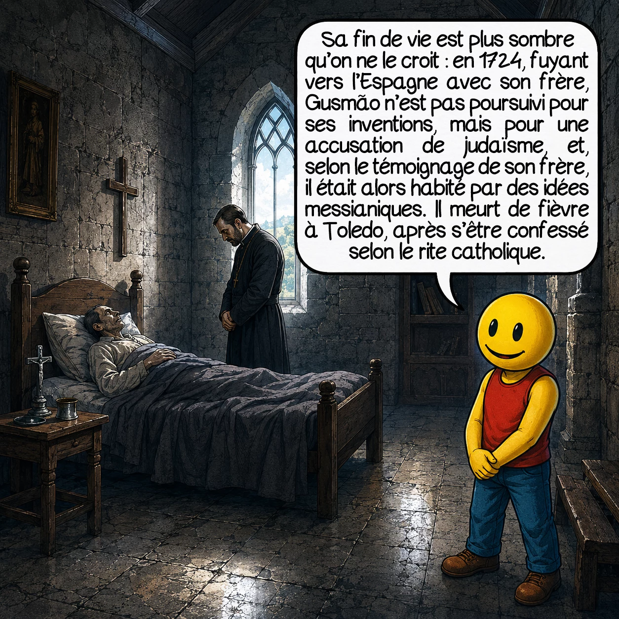 La passarola de Gusmão, case 8 : Sa fin de vie est plus sombre qu’on ne le croit : en 1724, fuyant vers l’Espagne avec son frère, Gusmão n’est pas poursuivi pour ses inventions, mais pour une accusation de judaïsme, et, selon le témoignage de son frère, il était alors habité par des idées messianiques. Il meurt de fièvre à Toledo, après s’être confessé selon le rite catholique.