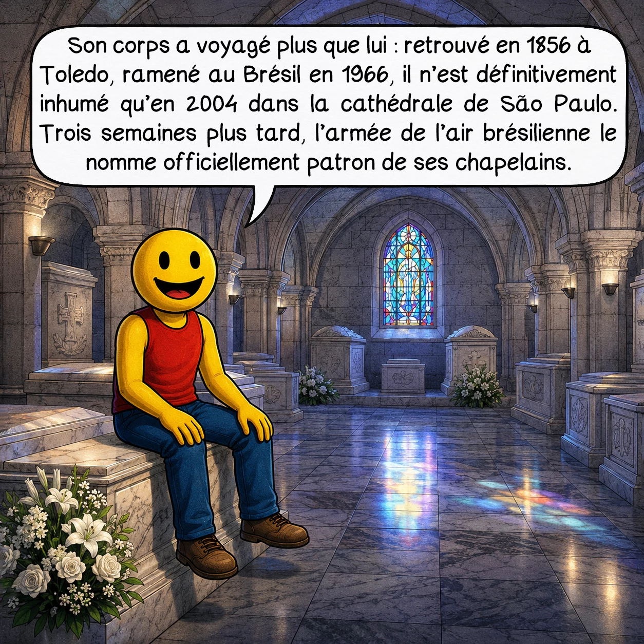 La passarola de Gusmão, case 9 : Son corps a voyagé plus que lui : retrouvé en 1856 à Toledo, ramené au Brésil en 1966, il n’est définitivement inhumé qu’en 2004 dans la cathédrale de São Paulo. Trois semaines plus tard, l’armée de l’air brésilienne le nomme officiellement patron de ses chapelains.
