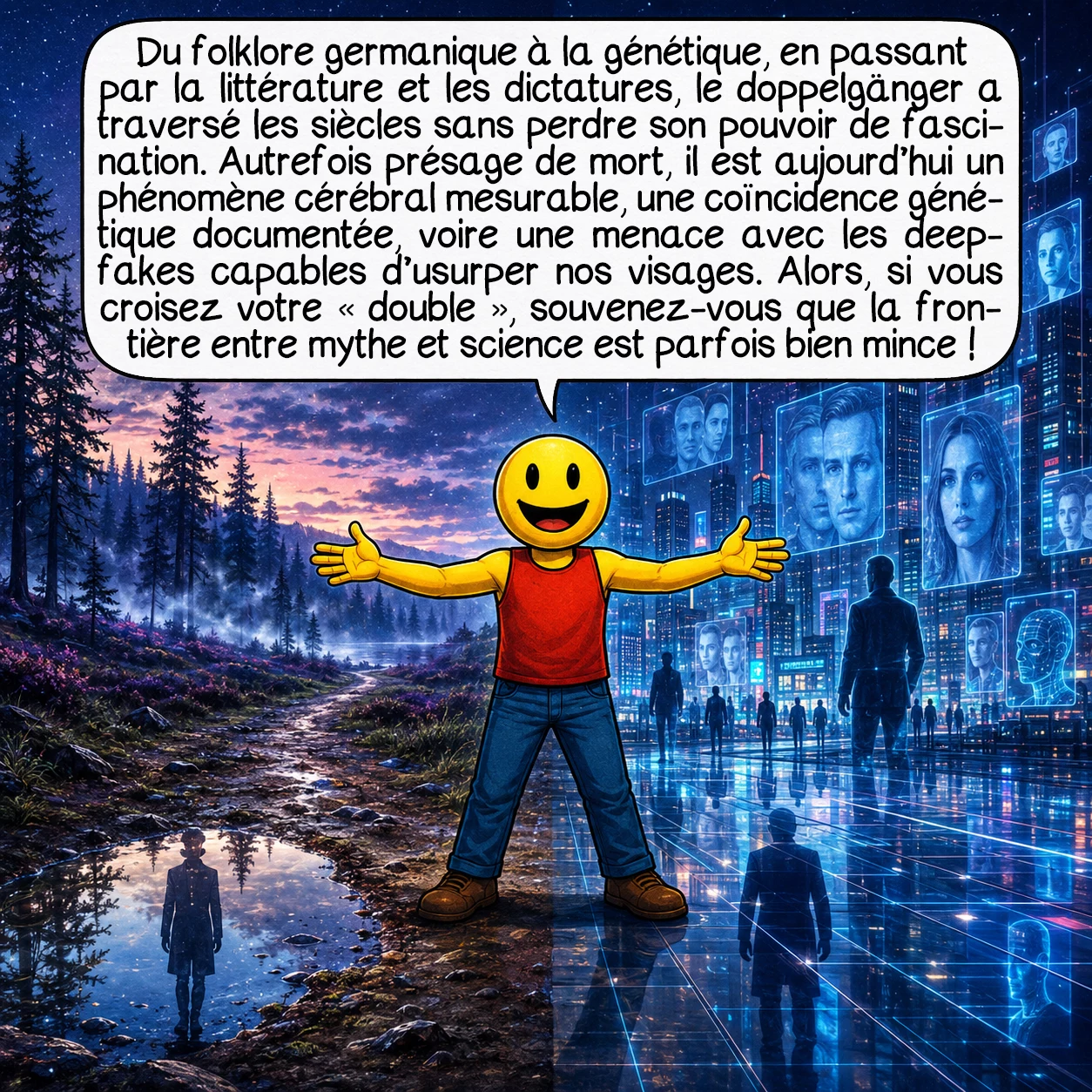 Les Dopplegängers, case 10 : Du folklore germanique à la stimulation cérébrale, en passant par la littérature, la génétique et les dictatures, le doppelgänger a traversé les siècles sans jamais perdre sa force fascinante ! Ce qui était autrefois un présage de mort est aujourd’hui un mécanisme cérébral mesurable, une coïncidence génétique documentée, et même une menace bien réelle avec les deepfakes capables d’usurper nos visages. Alors, la prochaine fois que vous croiserez votre « double »… souvenez-vous que la frontière entre mythe et science est parfois plus fine qu’on ne le pense !