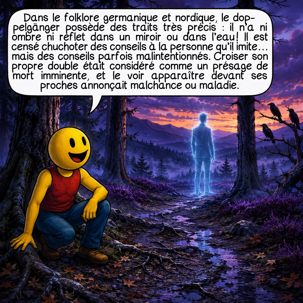 Les Dopplegängers, case 2 : Dans le folklore germanique et nordique, le doppelgänger possède des traits très précis : il n’a ni ombre ni reflet dans un miroir ou dans l’eau ! Il est censé chuchoter des conseils à la personne qu’il imite — mais des conseils parfois malintentionnés. Croiser son propre double était considéré comme un présage de mort imminente, et le voir apparaître devant ses proches annonçait malchance ou maladie.