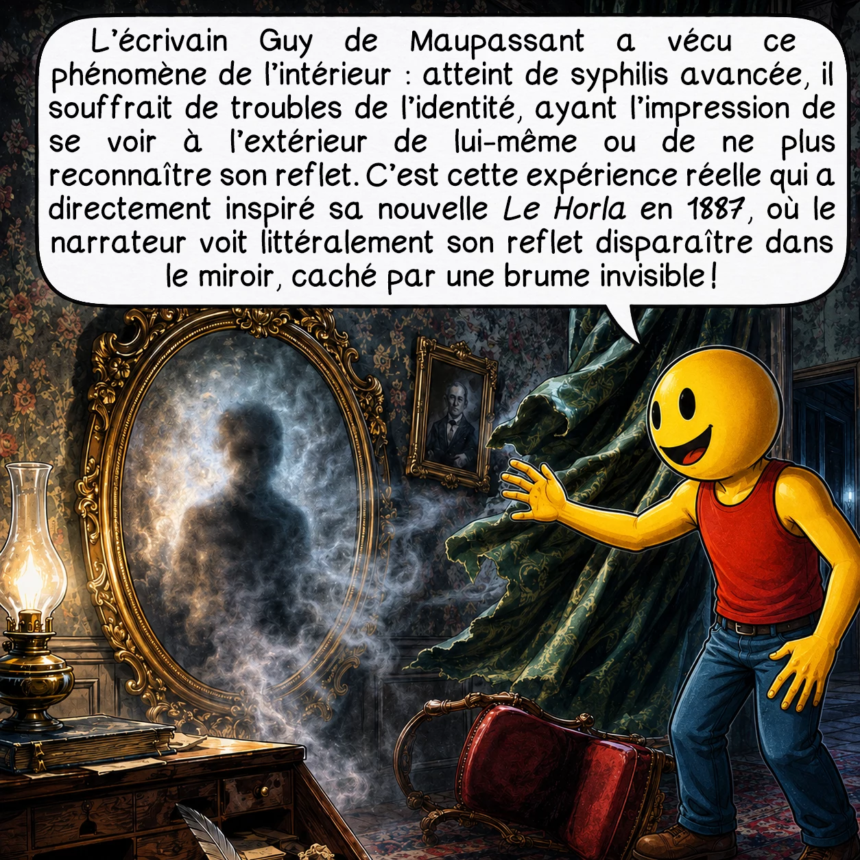 Les Dopplegängers, case 3 : L’écrivain Guy de Maupassant a vécu ce phénomène de l’intérieur : atteint de syphilis avancée, il souffrait de troubles de l’identité, ayant l’impression de se voir à l’extérieur de lui-même ou de ne plus reconnaître son reflet. C’est cette expérience réelle qui a directement inspiré sa nouvelle « Le Horla » en 1887, où le narrateur voit littéralement son reflet disparaître dans le miroir, caché par une brume invisible !