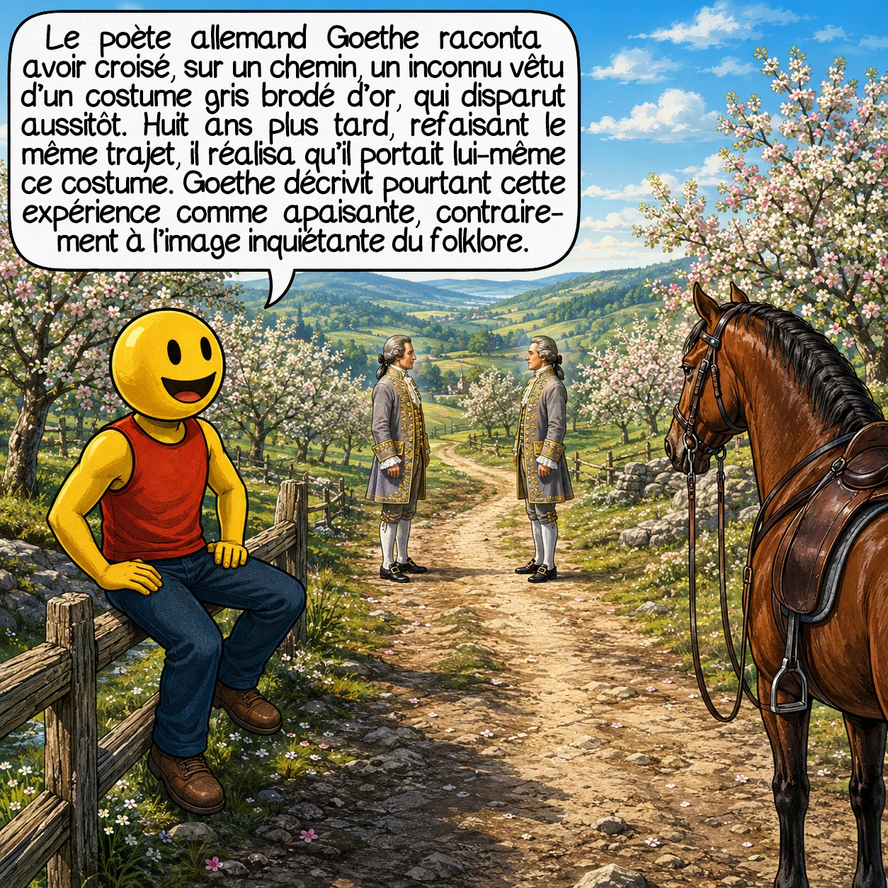 Les Dopplegängers, case 4 : Le poète allemand Goethe a raconté un épisode resté célèbre : croisant un inconnu vêtu d’un costume gris brodé d’or sur un chemin, il le vit disparaître aussitôt. Huit ans plus tard, refaisant exactement le même trajet, il réalisa qu’il portait lui-même ce costume ! Détail important : Goethe lui-même a décrit cette expérience comme apaisante, et non terrifiante — contrairement à l’image négative que le folklore attache généralement au double.