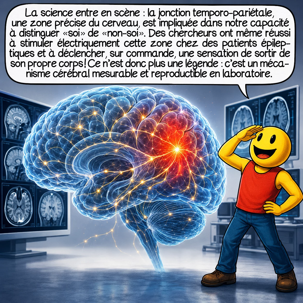 Les Dopplegängers, case 5 : Voici où la science entre en scène : la jonction temporo-pariétale, une zone précise du cerveau, est impliquée dans notre capacité à distinguer « soi » de « non-soi ». Des chercheurs ont même réussi à stimuler électriquement cette zone chez des patients épileptiques et à déclencher, sur commande, une sensation de sortir de son propre corps ! Ce n’est donc plus une légende : c’est un mécanisme cérébral mesurable et reproductible en laboratoire.