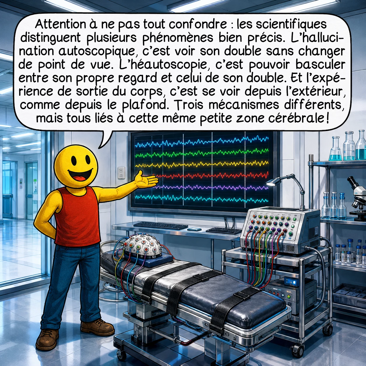 Les Dopplegängers, case 6 : Attention à ne pas tout confondre : les scientifiques distinguent plusieurs phénomènes bien précis. L’hallucination autoscopique, c’est voir son double sans changer de point de vue. L’héautoscopie, c’est pouvoir basculer entre son propre regard et celui de son double. Et l’expérience de sortie du corps, c’est se voir depuis l’extérieur, comme depuis le plafond. Trois mécanismes différents, mais tous liés à cette même petite zone cérébrale !