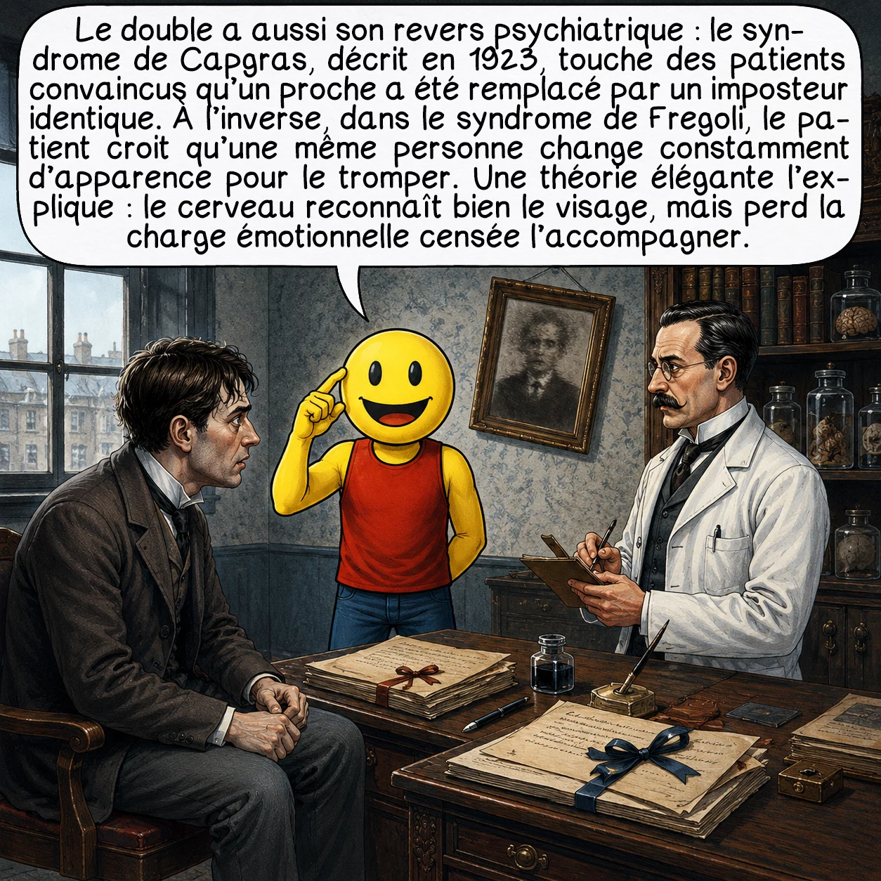 Les Dopplegängers, case 7 : Le double a aussi son revers psychiatrique : le syndrome de Capgras, décrit en 1923, touche des patients convaincus qu’un proche a été remplacé par un imposteur identique. À l’inverse, dans le syndrome de Fregoli, le patient croit qu’une même personne change constamment d’apparence pour le tromper. Une théorie élégante l’explique : le cerveau reconnaît bien le visage, mais perd la charge émotionnelle censée l’accompagner.
