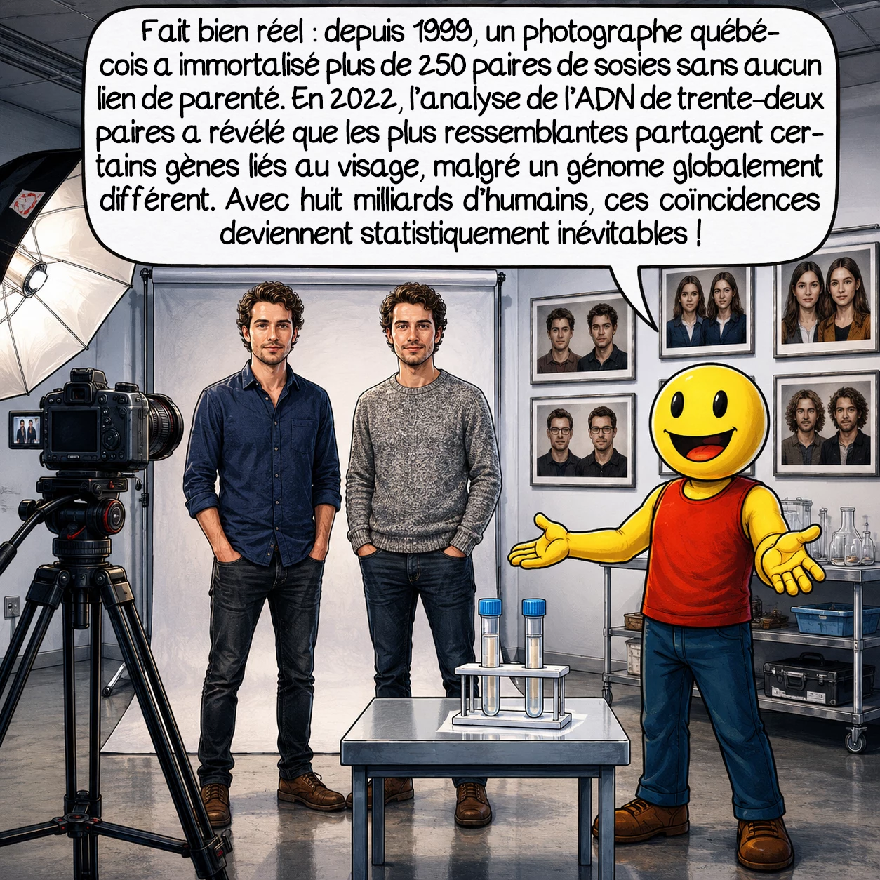 Les Dopplegängers, case 8 : Voici un fait totalement vérifiable et bien réel : depuis 1999, un photographe québécois a photographié plus de 250 paires de sosies parfaits sans aucun lien de parenté ! En 2022, des chercheurs espagnols ont analysé l’ADN de trente-deux de ces paires et découvert que les sosies les plus frappants partagent réellement les mêmes gènes du visage — même si tout le reste de leur génome diffère totalement. Avec huit milliards d’humains sur Terre, ces coïncidences génétiques deviennent statistiquement inévitables !