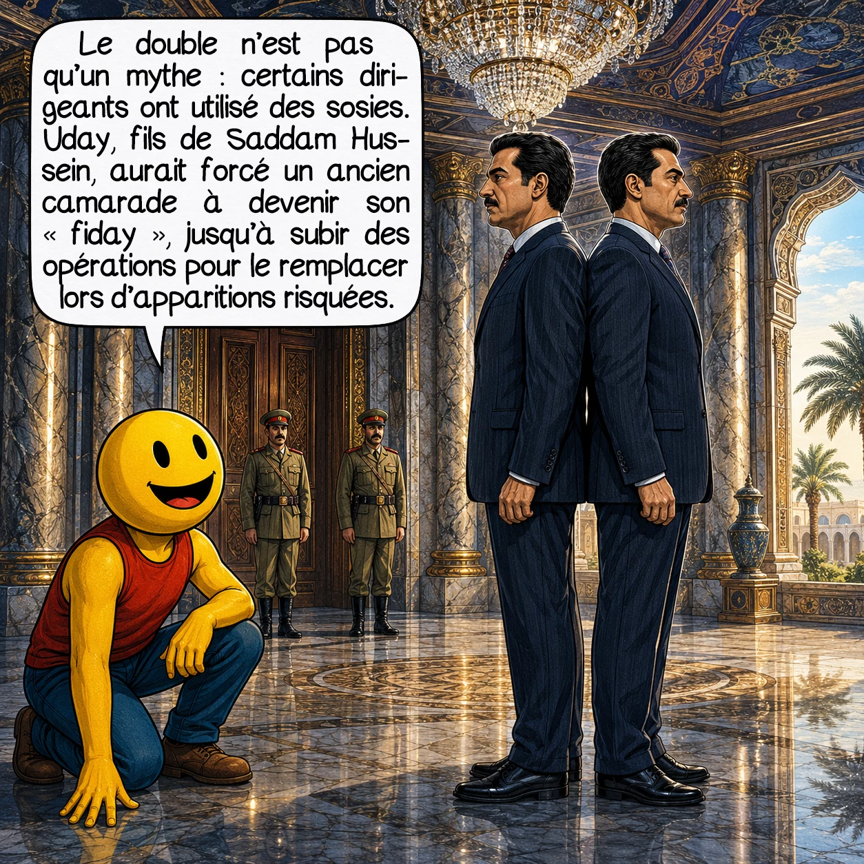 Les Dopplegängers, case 9 : Le double n’est pas qu’un mythe : certains dirigeants ont utilisé de vrais sosies humains par mesure de sécurité ! Le fils de Saddam Hussein, Uday, a contraint un ancien camarade de classe à devenir son « fiday » — un double chirurgicalement transformé pour le remplacer lors d’apparitions publiques risquées. Mais attention aux légendes excessives : le médecin personnel de Saddam Hussein lui-même a confirmé que le dictateur, contrairement à la rumeur, n’a jamais eu de sosie officiel.