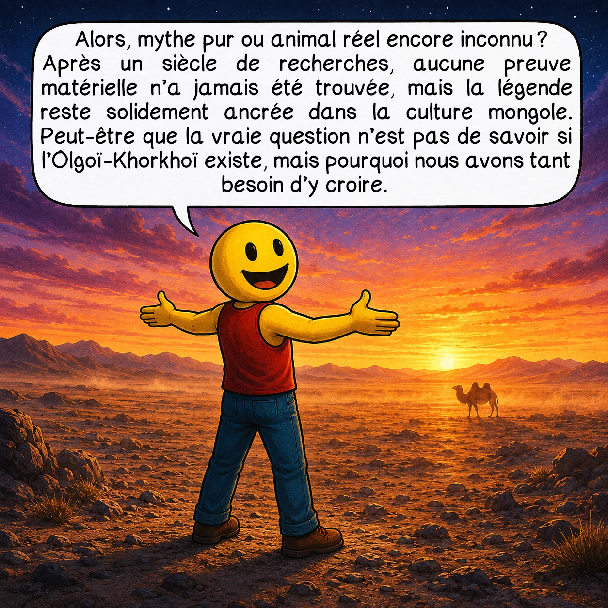L’Olgoï-Khorkhoï, case 10 : Alors, mythe pur ou animal réel encore inconnu ? Après un siècle de recherches, aucune preuve matérielle n’a jamais été trouvée, mais la légende reste solidement ancrée dans la culture mongole. Peut-être que la vraie question n’est pas de savoir si l’Olgoï-Khorkhoï existe, mais pourquoi nous avons tant besoin d’y croire.