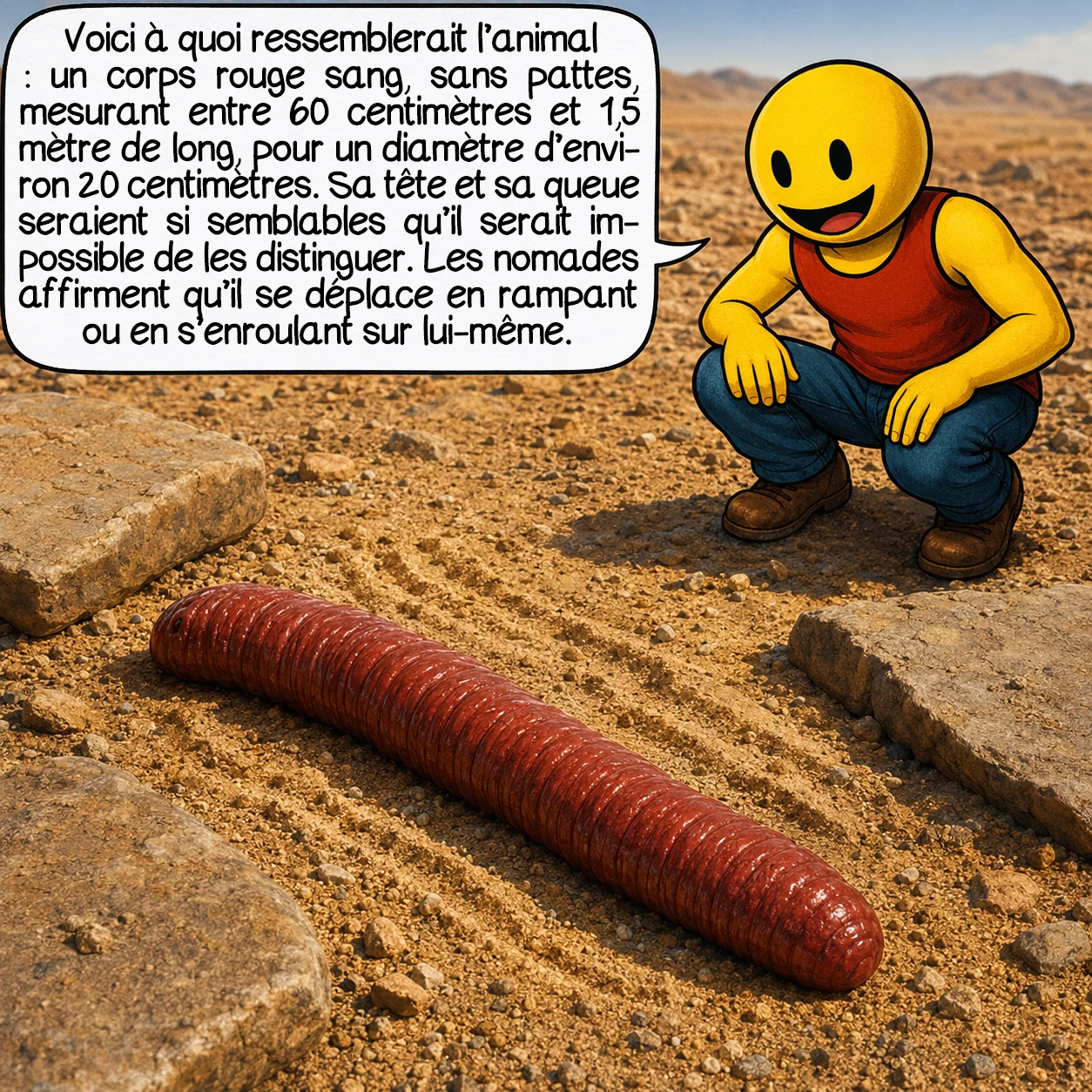 L’Olgoï-Khorkhoï, case 2 : Voici à quoi ressemblerait l’animal selon les témoignages : un corps rouge sang, sans pattes, mesurant entre 60 centimètres et 1,5 mètre de long, pour un diamètre d’environ 20 centimètres. Sa tête et sa queue seraient si semblables qu’il serait impossible de les distinguer. Les nomades affirment qu’il se déplace en rampant ou en s’enroulant sur lui-même.