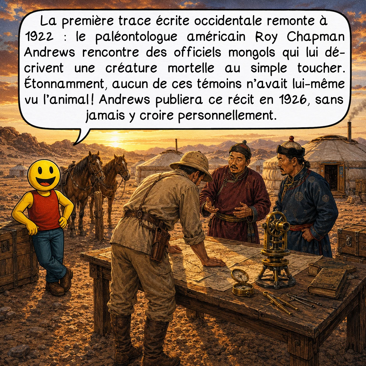 L’Olgoï-Khorkhoï, case 3 : La première trace écrite occidentale remonte à 1922 : le paléontologue américain Roy Chapman Andrews rencontre des officiels mongols qui lui décrivent une créature mortelle au simple toucher. Étonnamment, aucun de ces témoins n’avait lui-même vu l’animal ! Andrews publiera ce récit en 1926, sans jamais y croire personnellement.