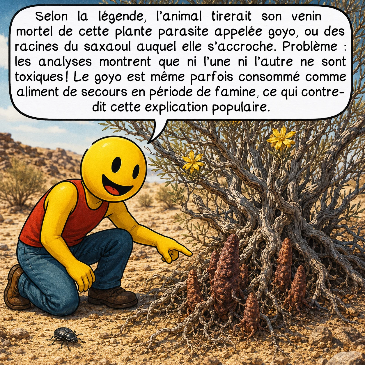 L’Olgoï-Khorkhoï, case 7 : Selon la légende, l’animal tirerait son venin mortel de cette plante parasite appelée goyo, ou des racines du saxaoul auquel elle s’accroche. Problème : les analyses montrent que ni l’une ni l’autre ne sont toxiques ! Le goyo est même parfois consommé comme aliment de secours en période de famine, ce qui contredit cette explication populaire.