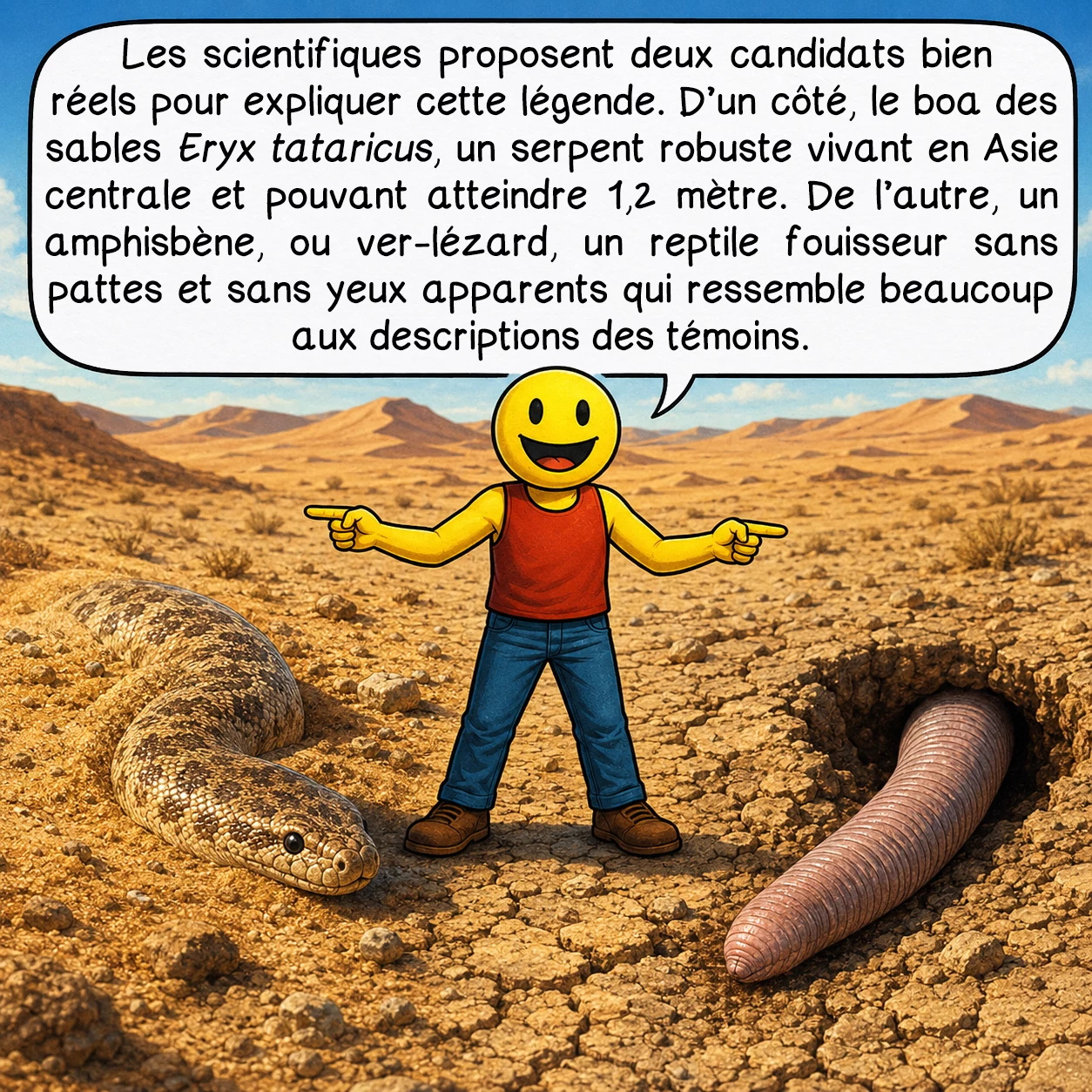 L’Olgoï-Khorkhoï, case 8 : Les scientifiques sérieux proposent deux candidats bien réels pour expliquer cette légende. D’un côté, le boa des sables Eryx tataricus, un serpent robuste vivant en Asie centrale et pouvant atteindre 1,2 mètre. De l’autre, un amphisbène, ou ver-lézard, un reptile fouisseur sans pattes et sans yeux apparents qui ressemble beaucoup aux descriptions des témoins.