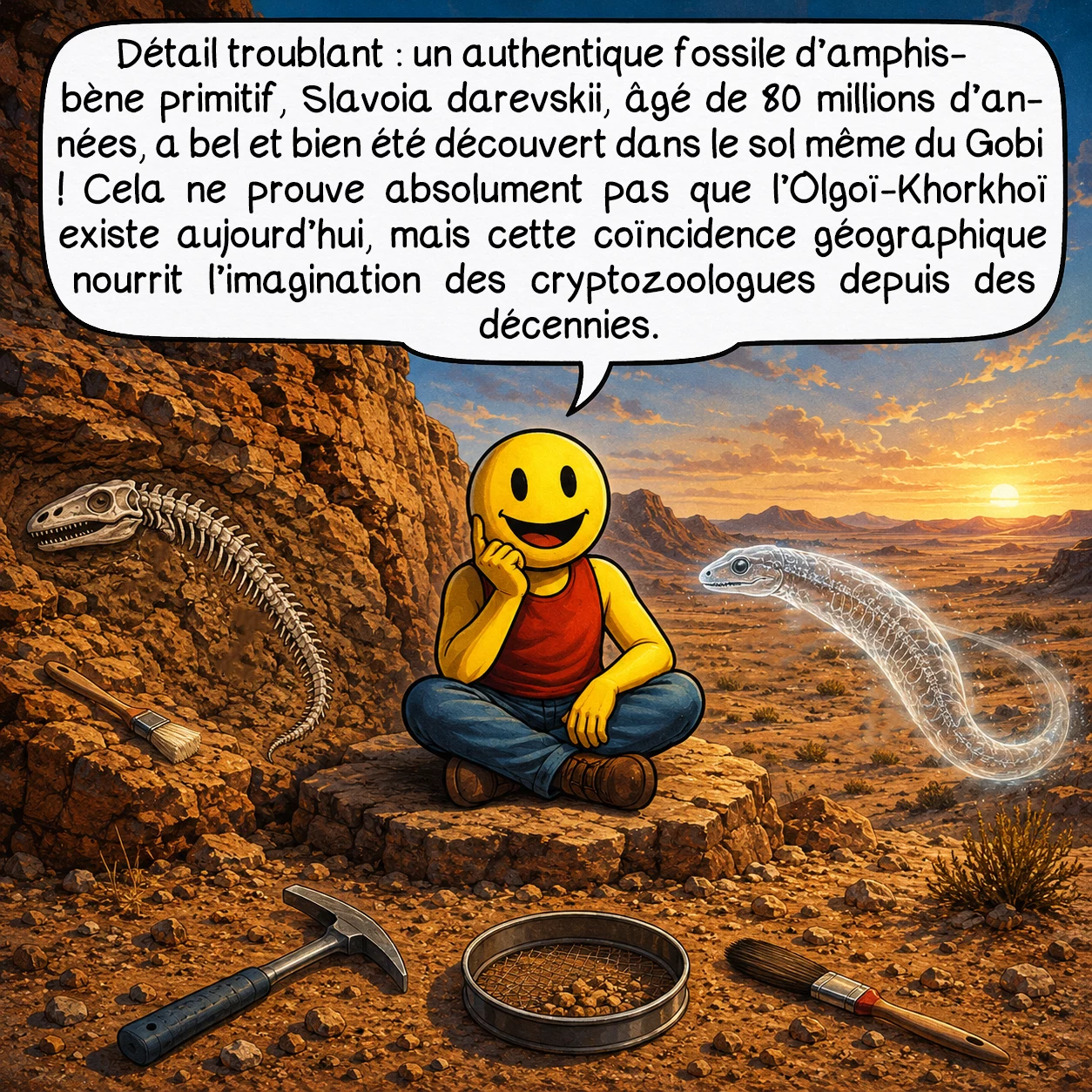 L’Olgoï-Khorkhoï, case 9 : Détail troublant : un authentique fossile d’amphisbène primitif, Slavoia darevskii, âgé de 80 millions d’années, a bel et bien été découvert dans le sol même du Gobi ! Cela ne prouve absolument pas que l’Olgoï-Khorkhoï existe aujourd’hui, mais cette coïncidence géographique nourrit l’imagination des cryptozoologues depuis des décennies.