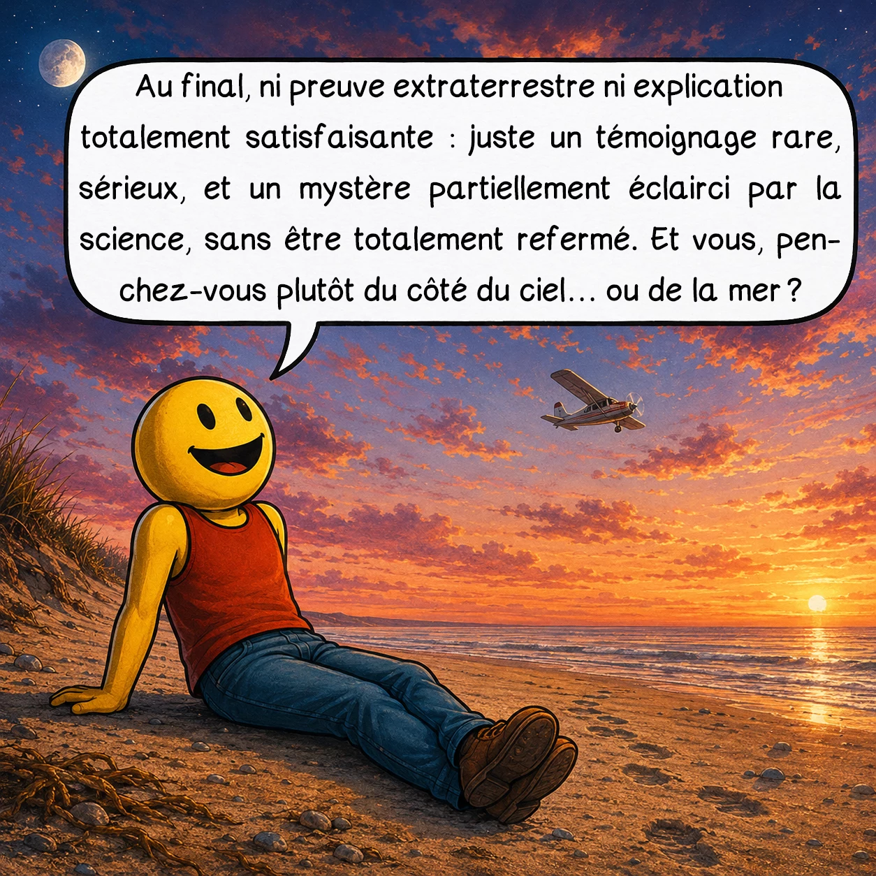 L’affaire des ovnis de Guernesey, case 10 : Au final, ni preuve extraterrestre ni explication totalement satisfaisante : juste un témoignage rare, sérieux, et un mystère partiellement éclairci par la science, sans être totalement refermé. Et vous, penchez-vous plutôt du côté du ciel… ou de la mer ?