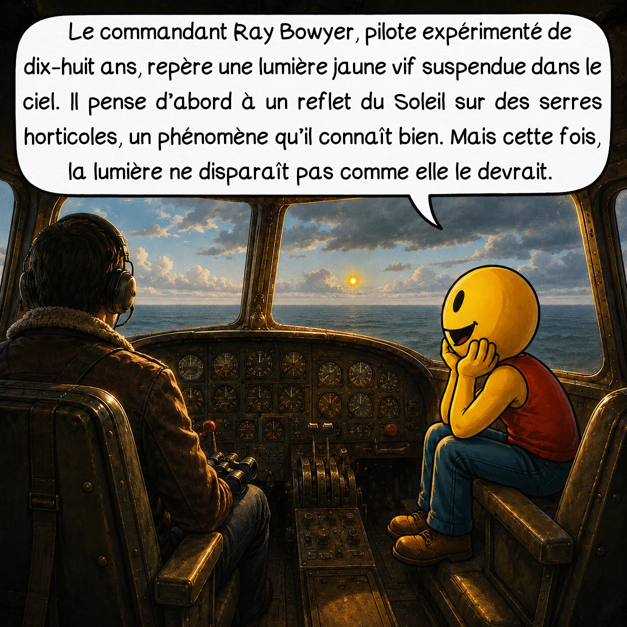 L’affaire des ovnis de Guernesey, case 2 : Le commandant Ray Bowyer, pilote expérimenté de dix-huit ans, repère une lumière jaune vif suspendue dans le ciel. Il pense d’abord à un reflet du soleil sur des serres horticoles, un phénomène qu’il connaît bien. Mais cette fois, la lumière ne disparaît pas comme elle le devrait.